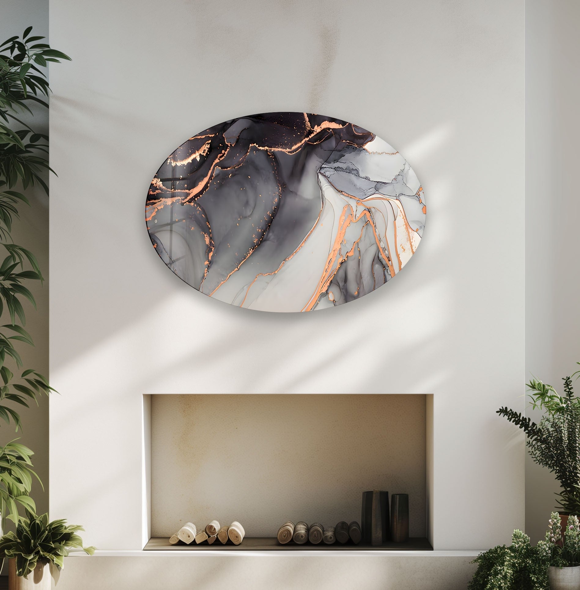 Abstract Black Alcohol Ink Glass Wall Art - Handmade Oval Asymmetrical Design for Modern Home & Office Decor - Perfect for Living Room, Bedroom, or Office Wall Display