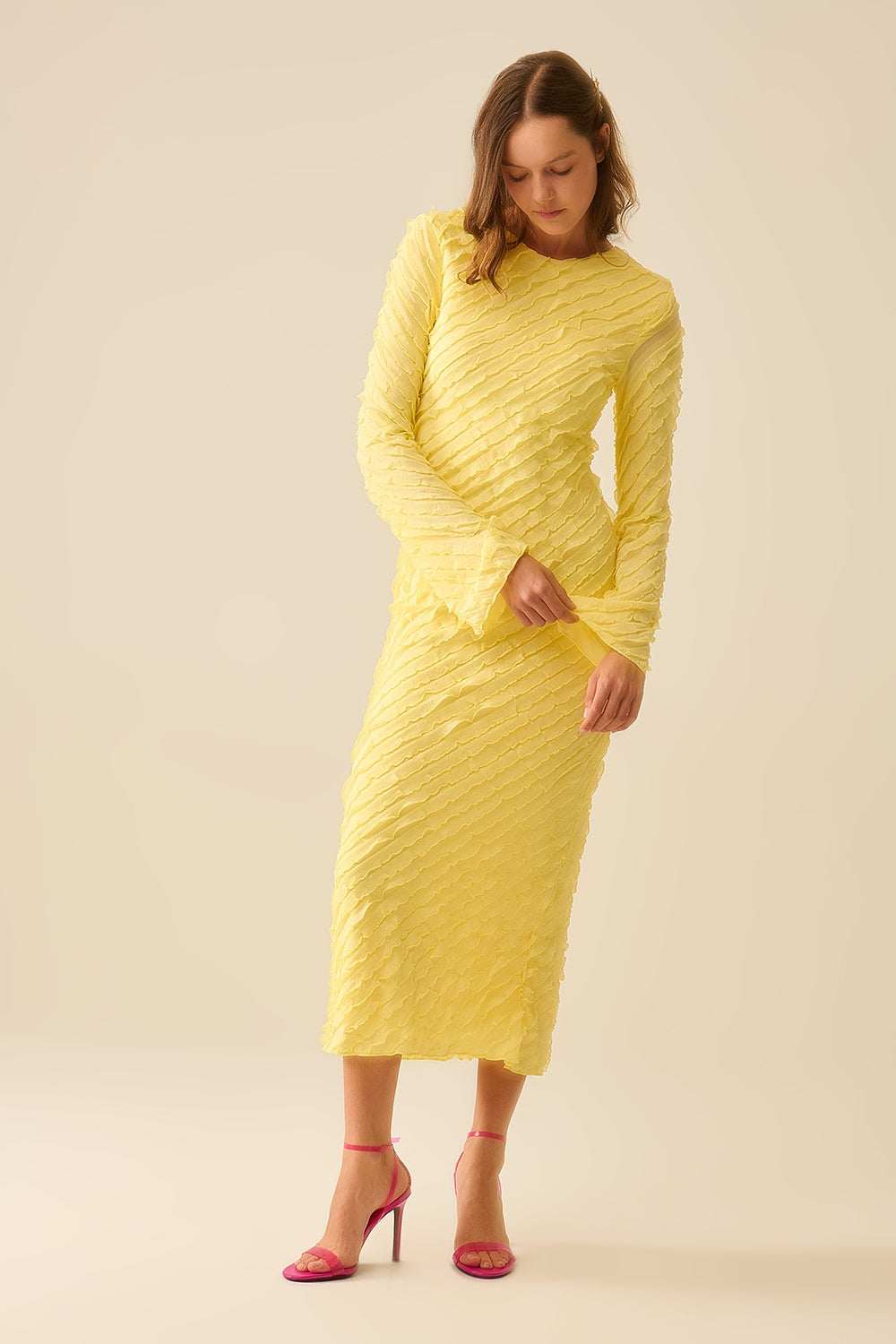 Butter Yellow Maxi Dress with Bias Mini Ruffle Design - Elegant Summer Beach Dress for Women, Perfect for Vacations, Weddings & Outdoor Parties
