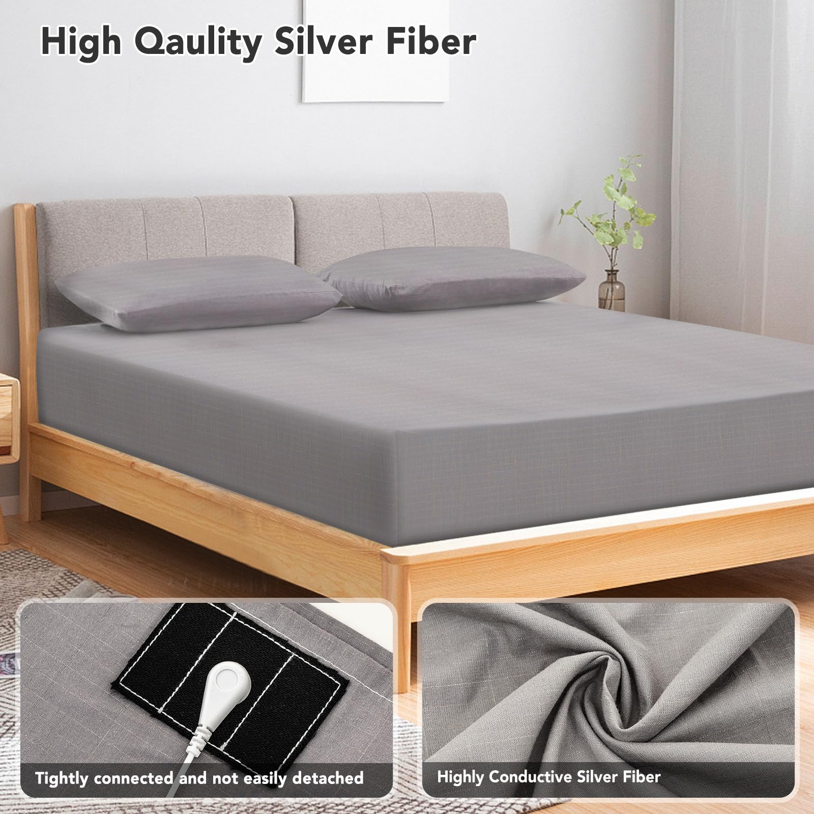 Organic Cotton & Silver Fiber Grounding Sheets King Size - EMF Protection, Better Sleep & Wellness, Grey Fitted Sheet for Grounding Therapy - Perfect for Home, Travel & Holistic Healing