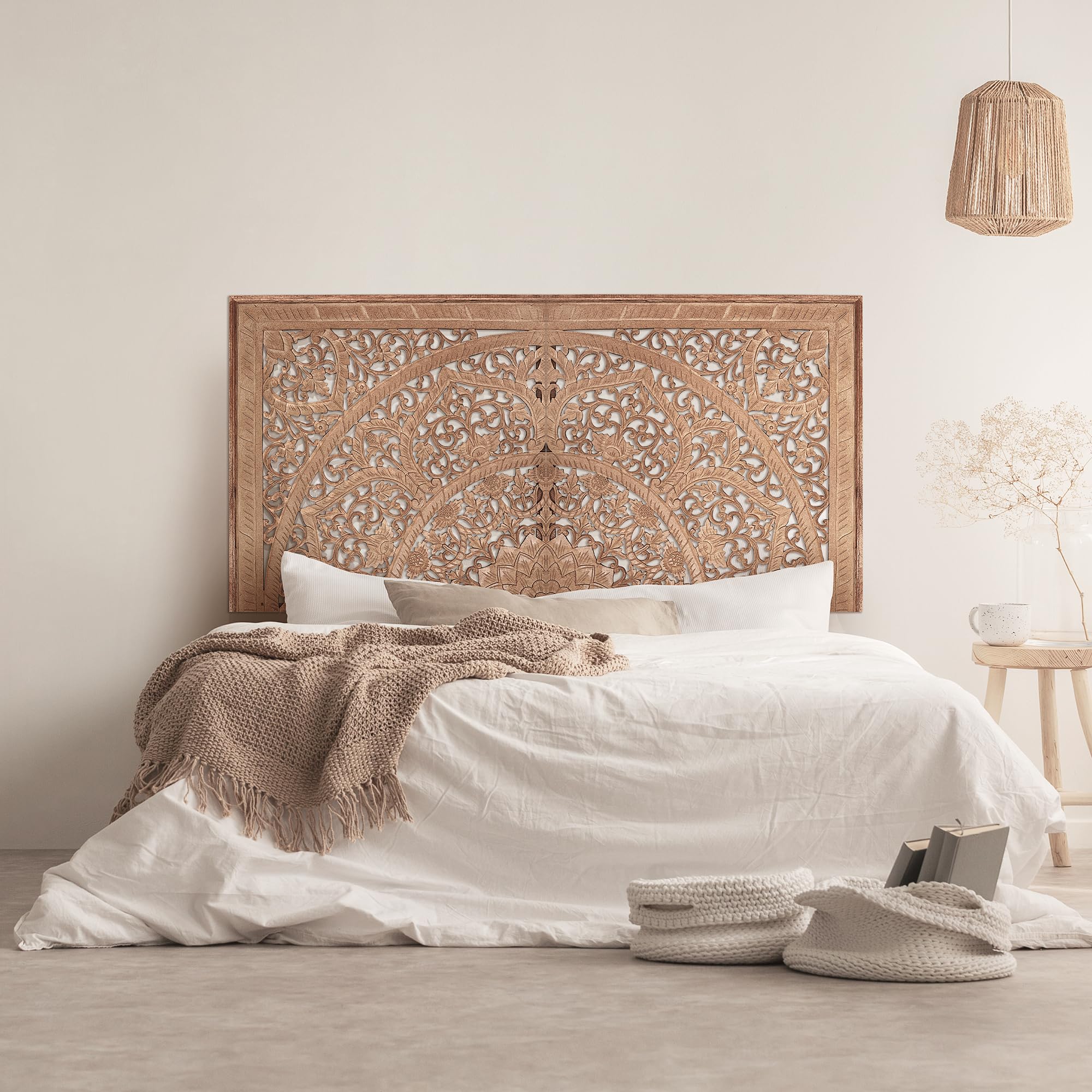 King Wood Headboard - Hand Carved Full Size Wall Mounted Headboard Panel for Bedroom Decor - Natural Finish for Cal King & Queen Beds - Perfect for Modern Farmhouse & Luxury Bedroom Designs