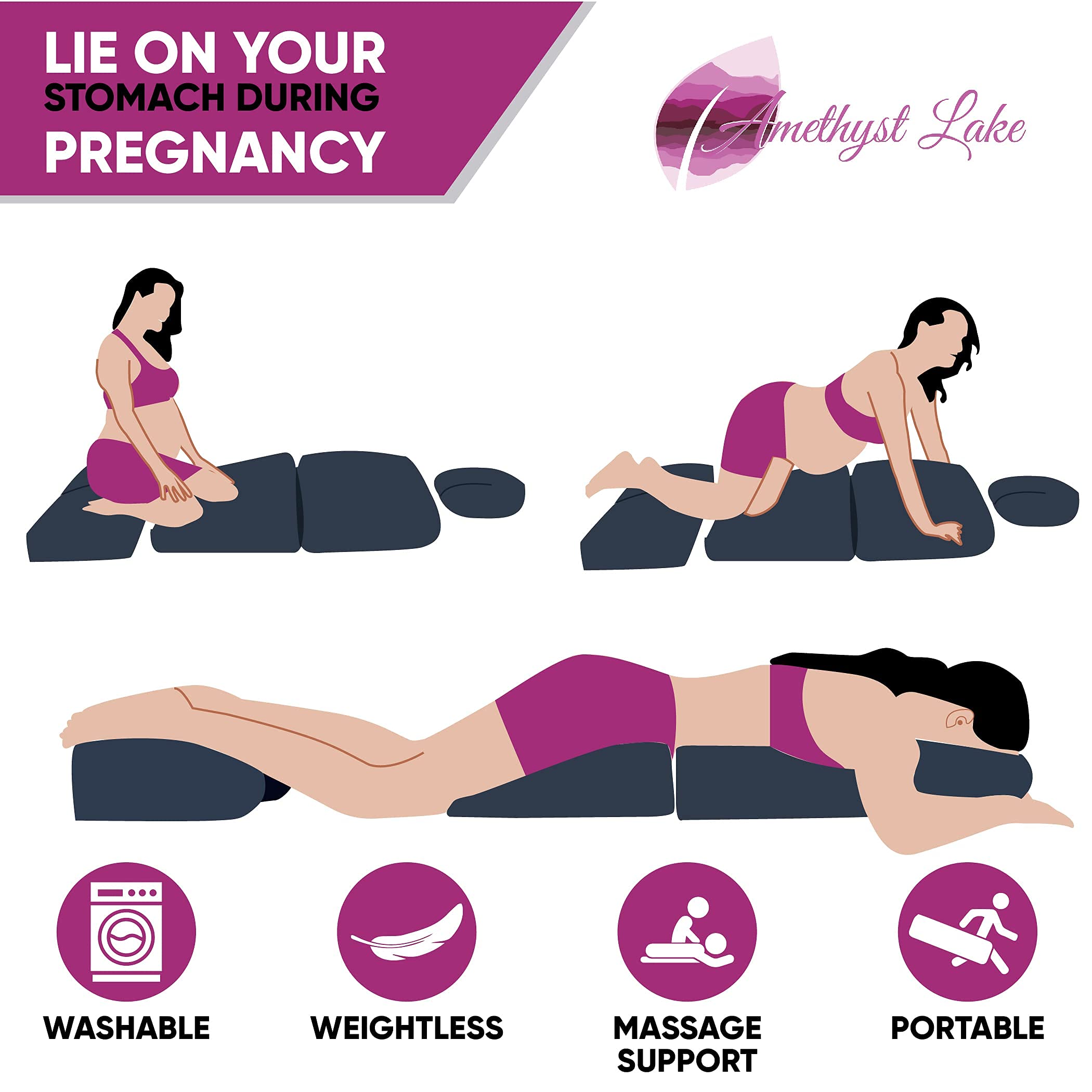 **Amethyst Lake Pregnancy Massage Cushion with Headrest – Full Body Prenatal Support Pillow for Lower Back Pain Relief & Post-Surgery Comfort – Blue | Ideal for Moms-to-Be, Breast Surgery Recovery & Relaxation at Home**