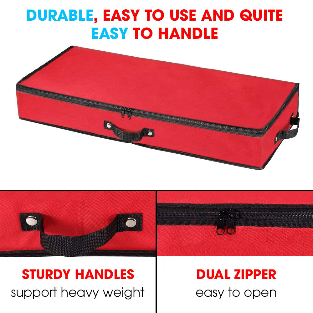 Primode Wrapping Paper Storage Container - Under Bed Gift Wrap Organizer for 30 Inch Rolls | 31”x13.5”x4.5” | 600D Oxford Fabric Storage Box with Pockets for Ribbon, Bows & Accessories (Red) | Perfect for Holiday Gift Wrapping, Birthday Parties & Craft Organization