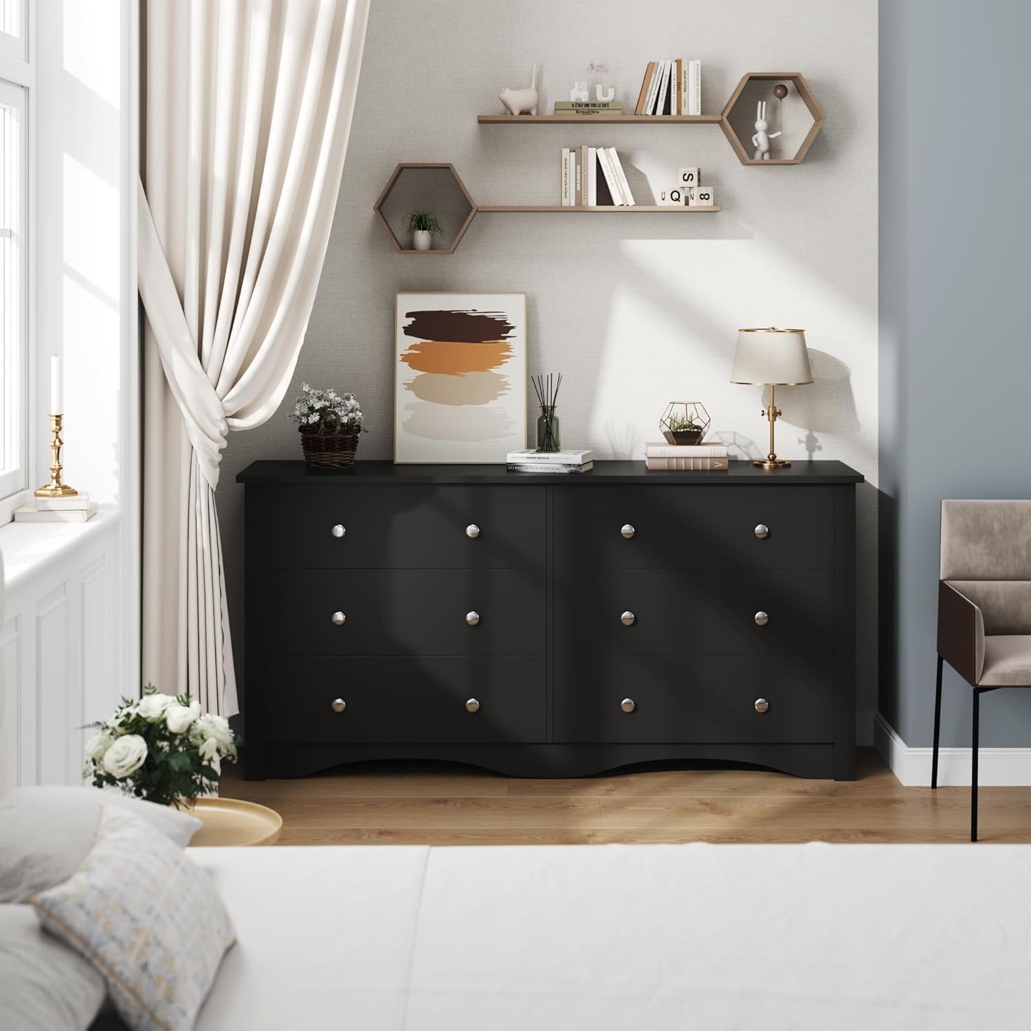 Furmax 6-Drawer Wooden Dresser for Bedroom & Living Room - 65 Inch TV Stand with Storage - Modern Chest of Drawers for Hallway, Entryway & Home Organization (Black) | Perfect for Bedroom Storage, TV Entertainment Setup & Entryway Decor