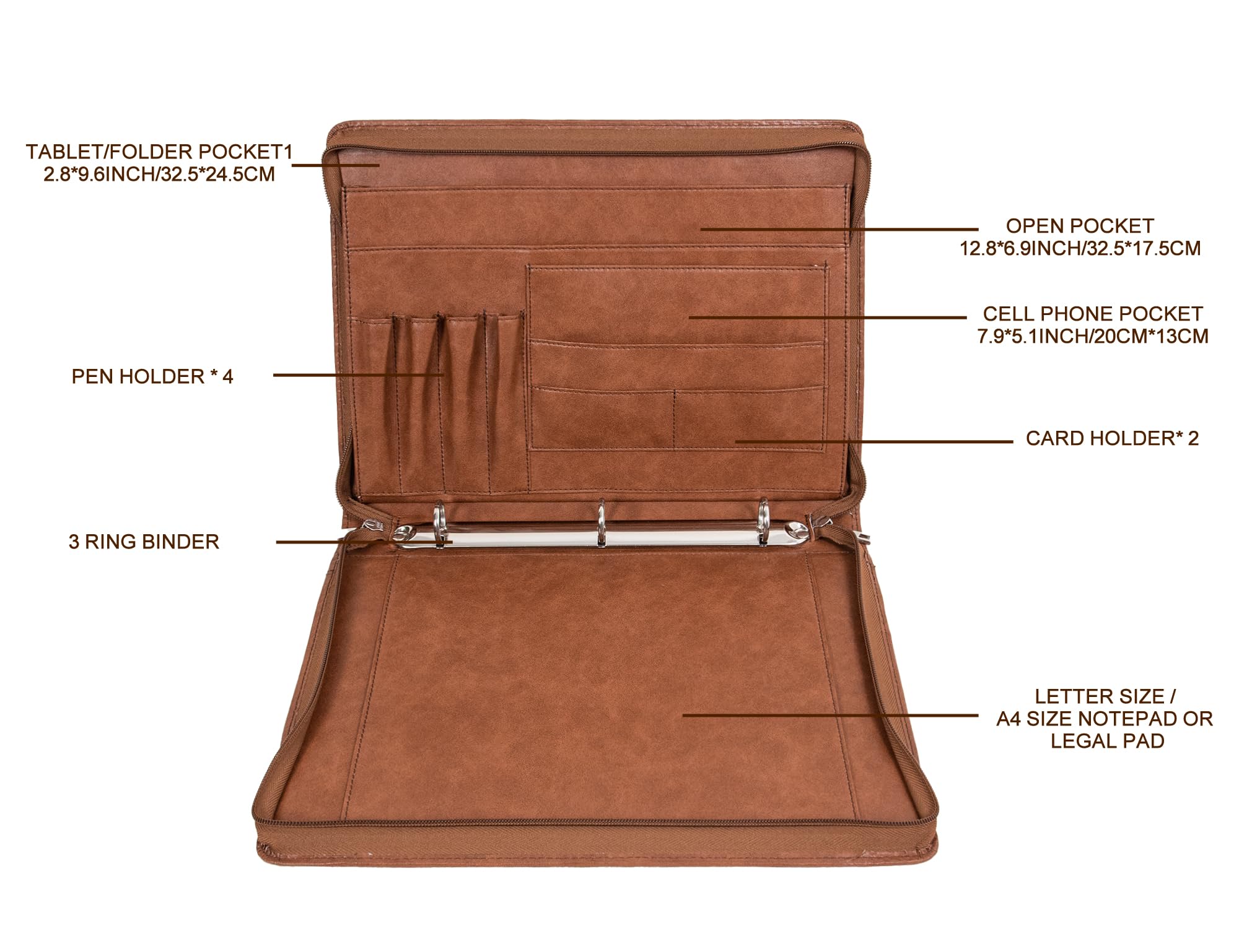 AZXCG Vegan Leather Padfolio for Women & Men - 3 Ring Binder Business Portfolio with Zipper & A4 Clipboard - Professional Document Organizer Notebook for Office, Meetings & Gifts (Brown)