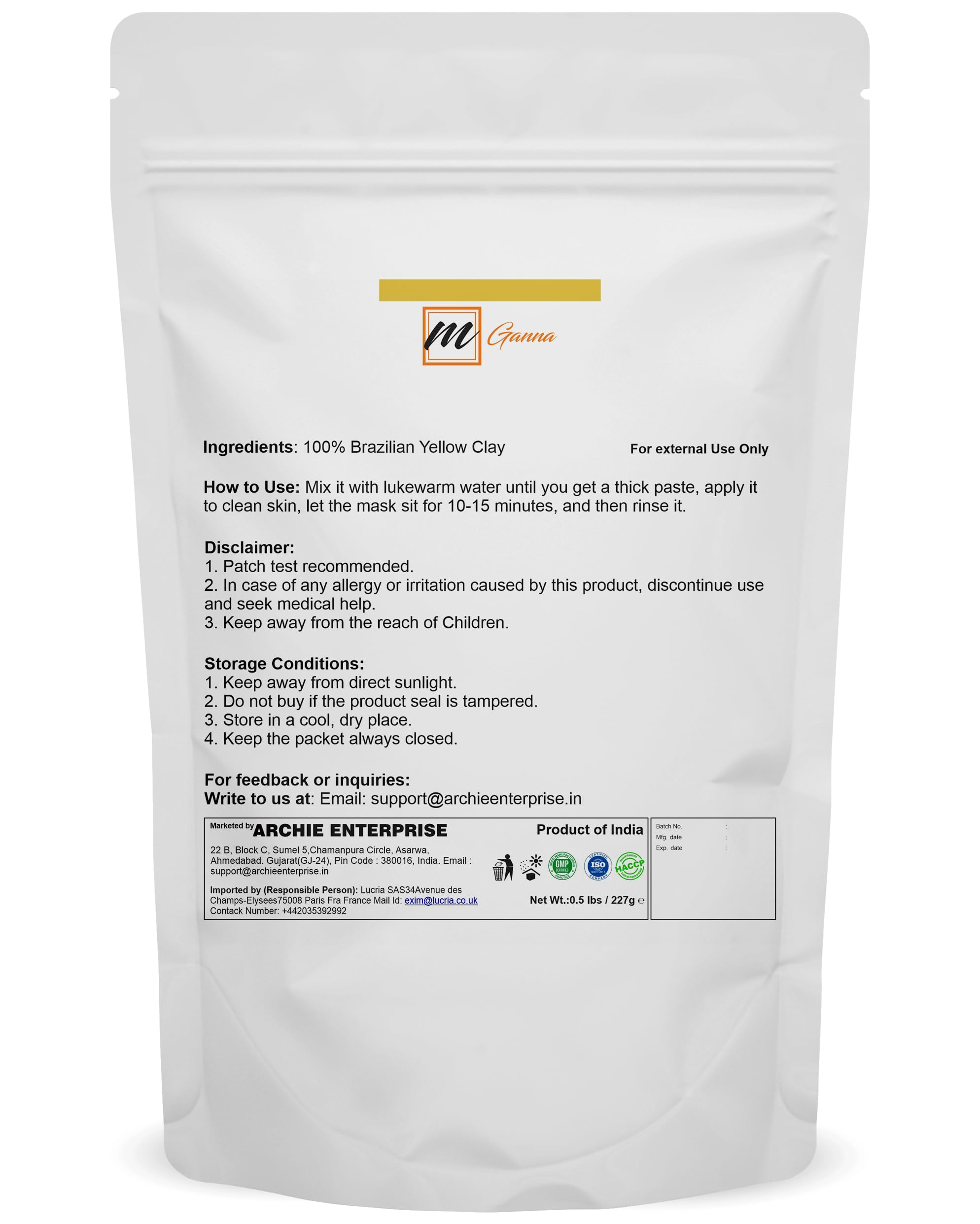 mGanna 100% Natural Brazilian Yellow Clay Powder 0.5 Lbs (227g) - Skin Firming & Detoxifying | DIY Soap, Scrub, Face Mask & Bath | Perfect for Spa, Skincare & Relaxation at Home