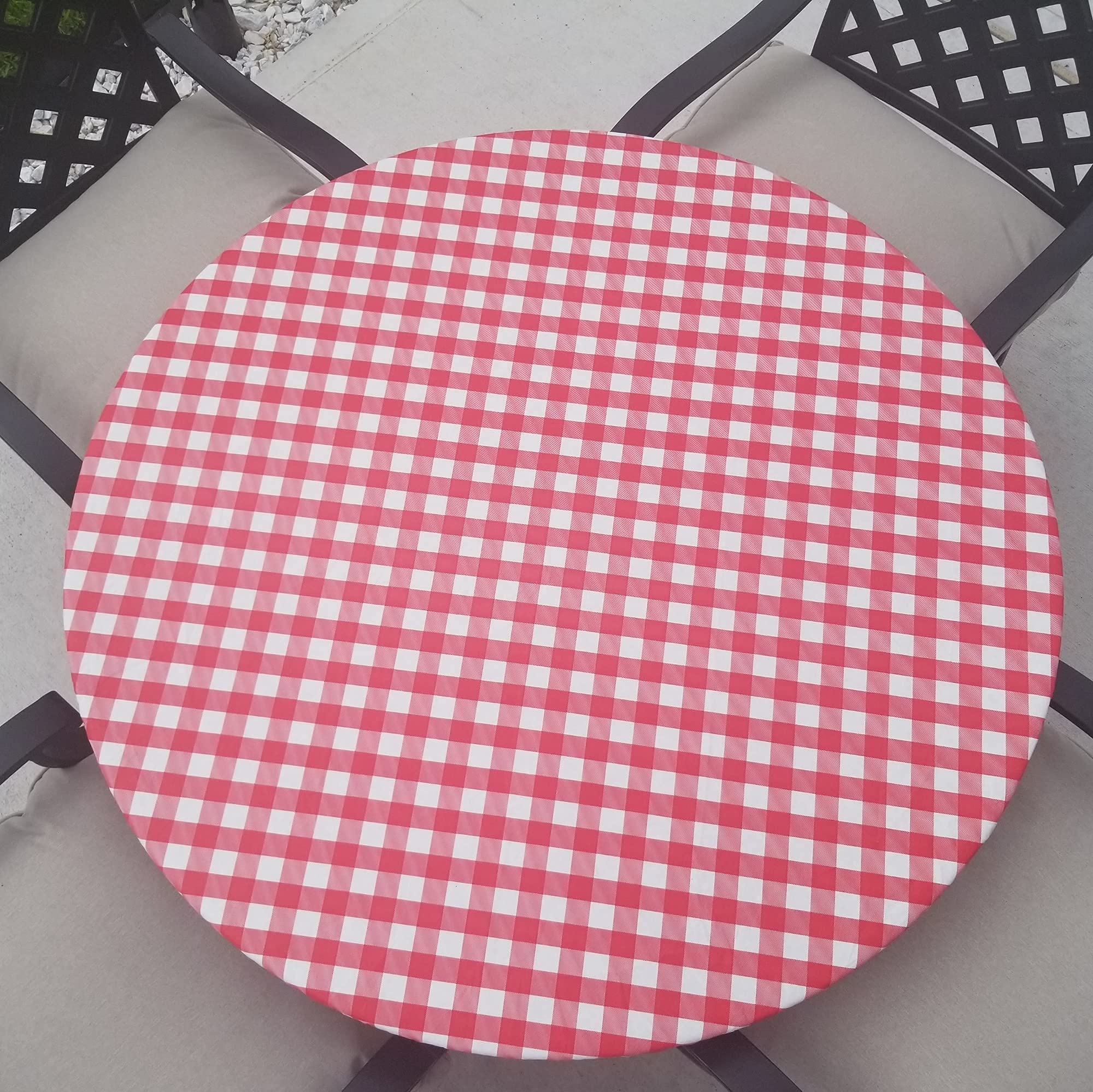 Round Elastic Vinyl Tablecloth with Flannel Backing - Waterproof, Wipeable Fitted Table Cover for Indoor & Outdoor Use (Red Checkered, Fits 46