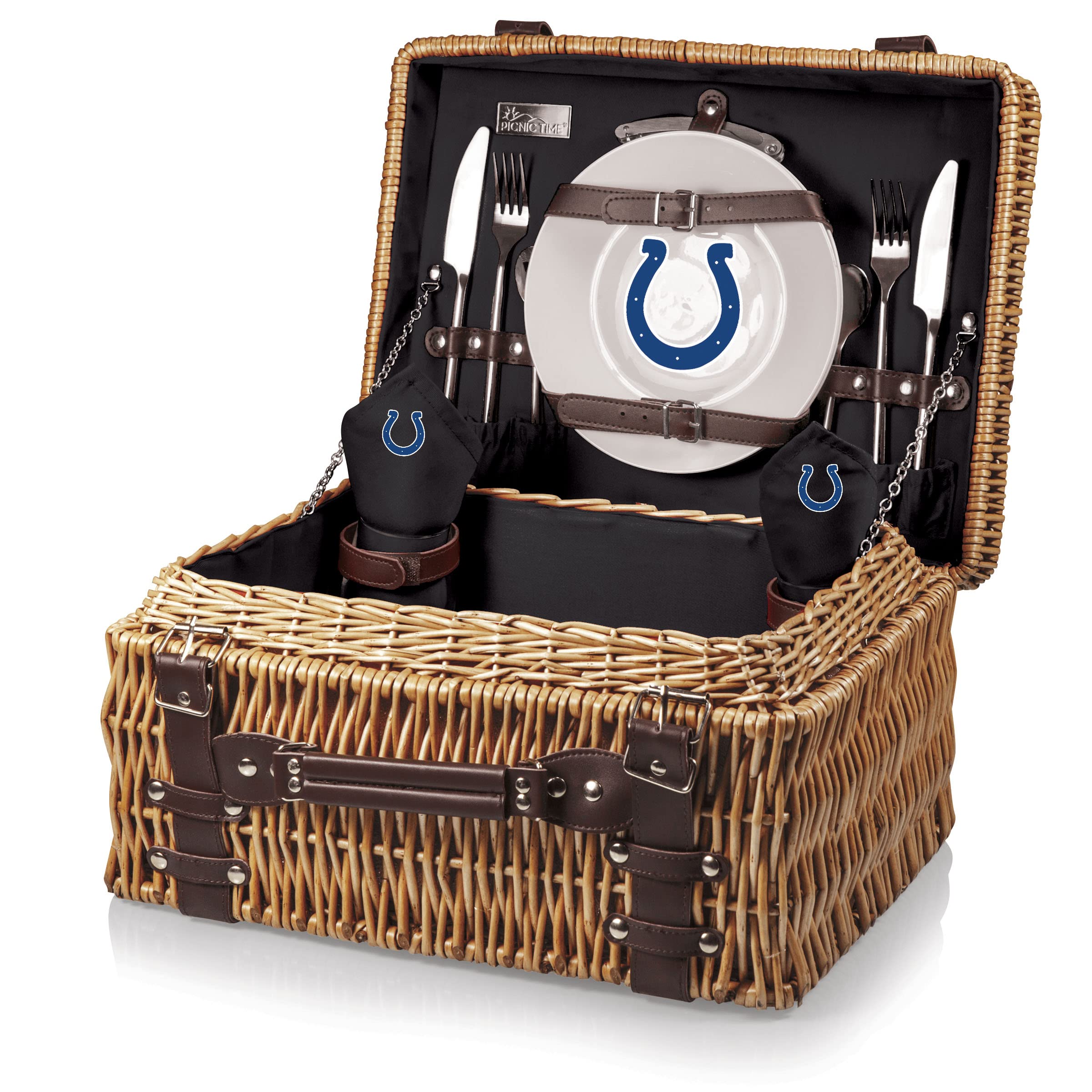 PICNIC TIME NFL Champion Picnic Basket for 2 - Wicker Picnic Basket Set with Plates, Utensils & Blanket - Portable Outdoor Picnic Accessories for Couples, Beach, Park & Tailgating (Black with Brown Accents)