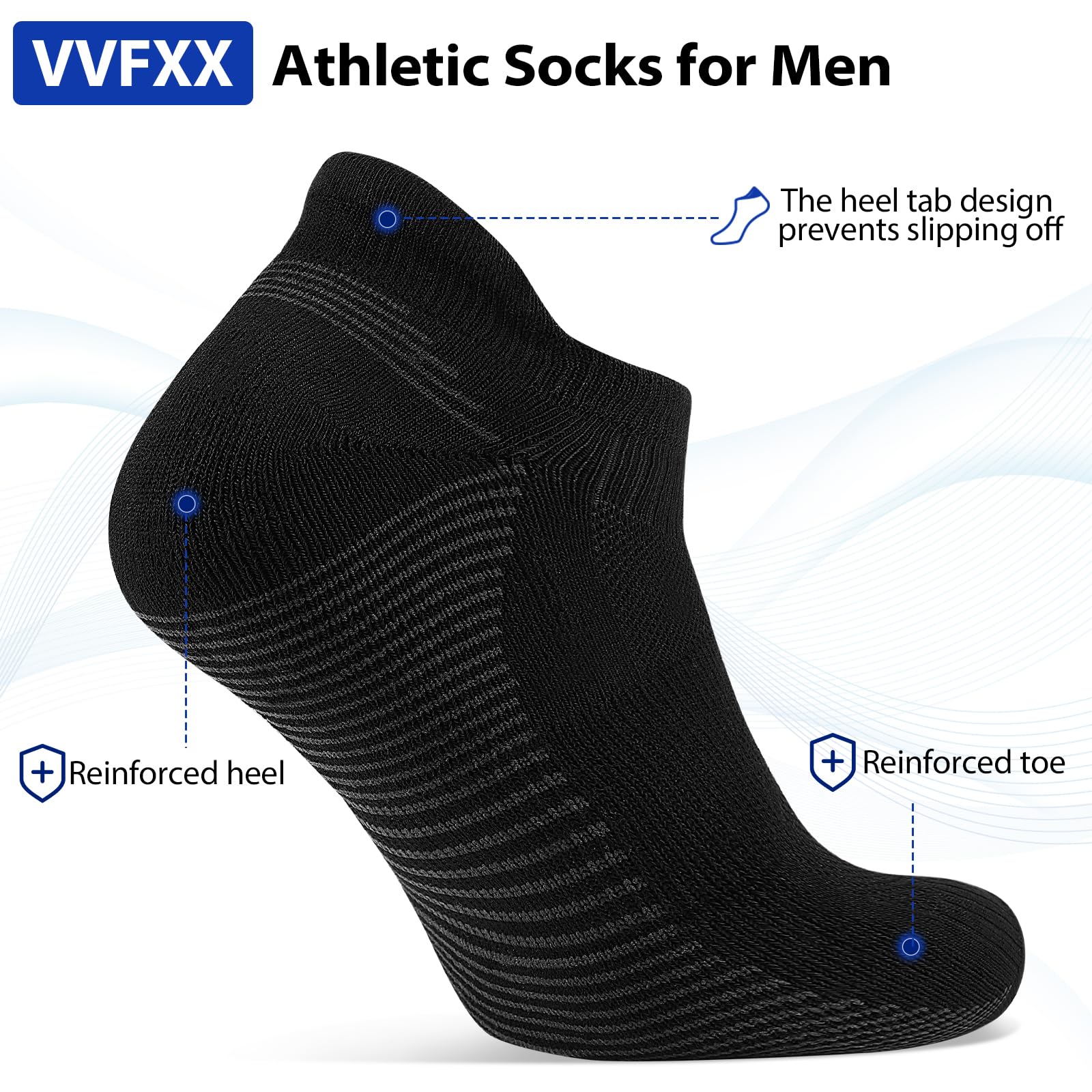 VVFXX Men's Athletic Running Socks - 6 Pairs No Show Ankle Socks with Compression Support for Sports, Gym & Daily Wear - Breathable Moisture Wicking Workout Socks for Men