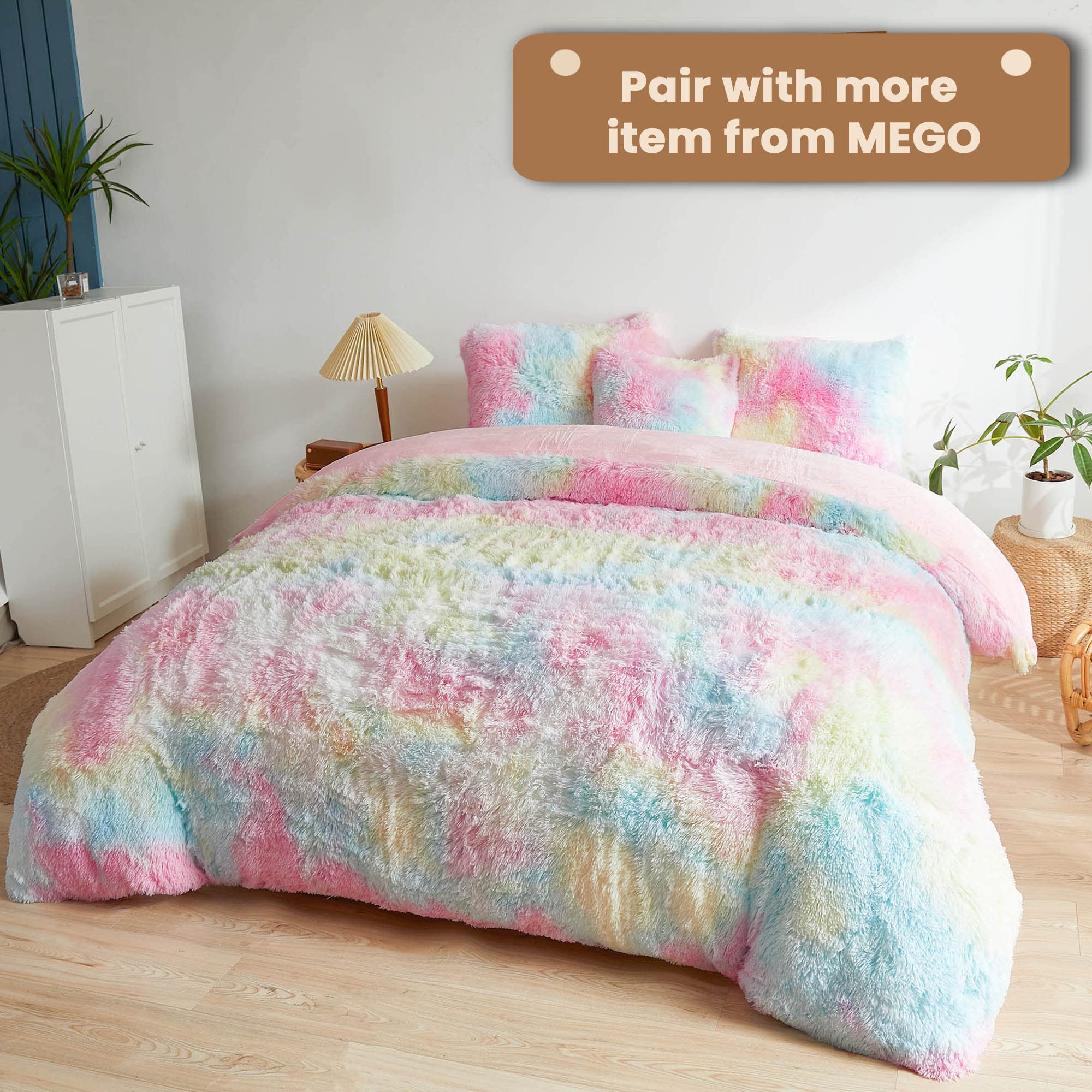 Rainbow Print Fluffy Body Pillow Cover 20x54 - Soft Shaggy Faux Fur Pillow Case with Zipper, Tie Dye Plush Bed Pillow for Kids, Girls & Women - Perfect for Bedroom Decor, Nap Time & Cozy Movie Nights