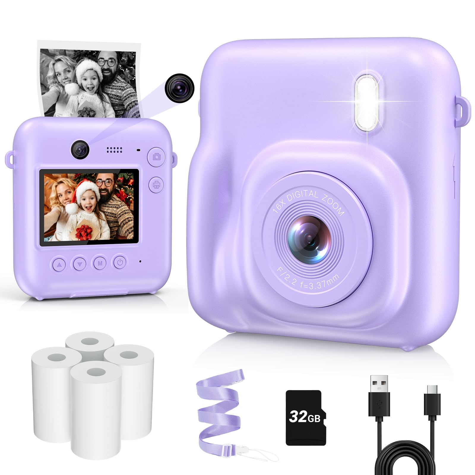 **48MP Kids Instant Print Camera with Dual Lens - 1080P Selfie Digital Camera for Boys & Girls, Includes 32GB Card - Perfect Christmas & Birthday Gift (Purple) - Fun for Travel, Parties & Creative Play**