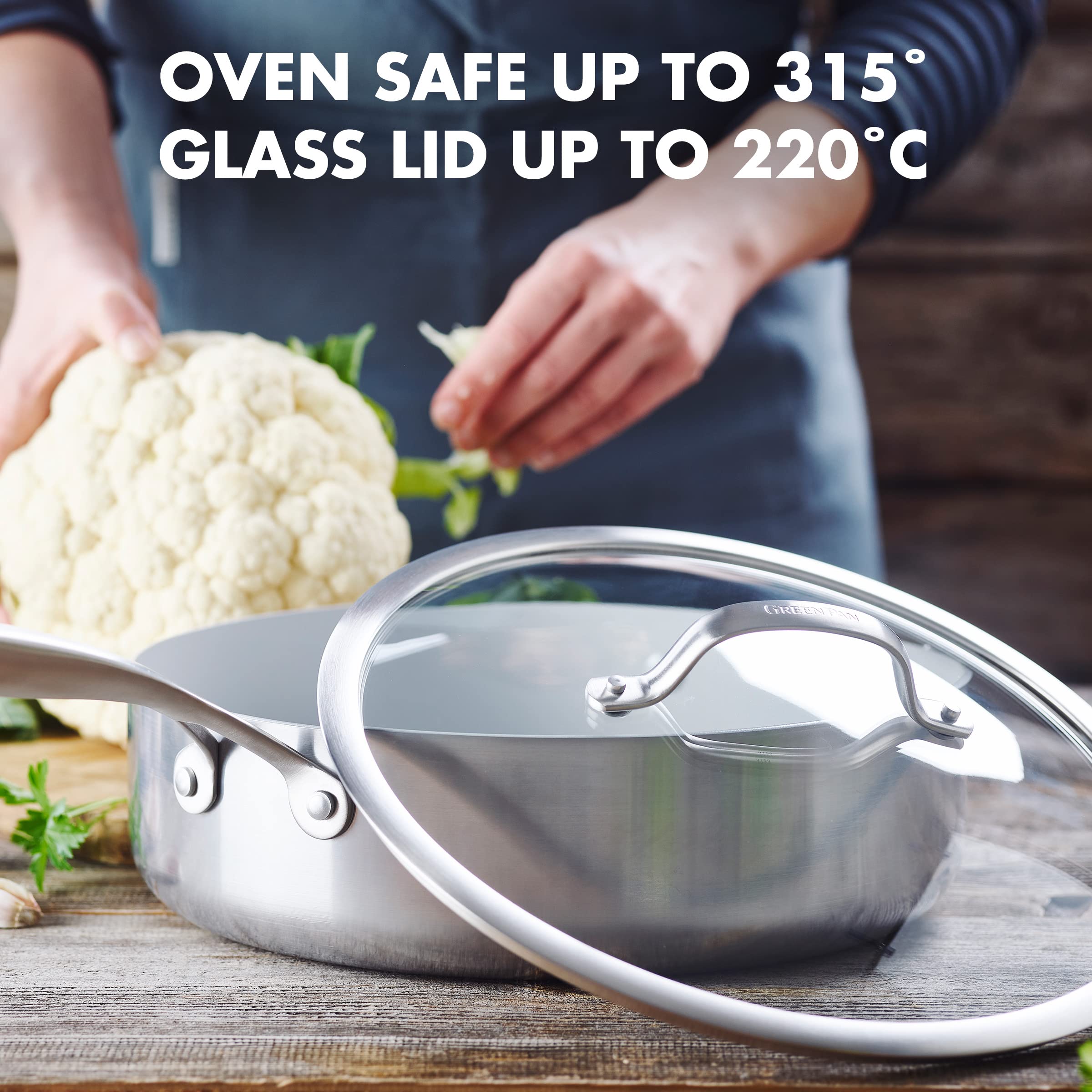 GreenPan Venice Pro Tri-Ply Stainless Steel Healthy Ceramic Nonstick 5QT Saute Pan with Helper Handle & Lid - PFAS-Free, Multi-Clad, Induction Compatible, Dishwasher & Oven Safe - Perfect for Sautéing, Frying & Cooking Family Meals