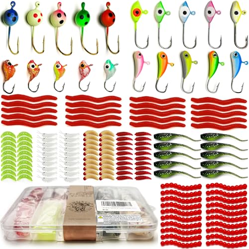 A1 - 20 Pcs Ice Fishing Jigs(4 Style), 130 Pcs Ice Fishing Soft Worms(7 Style)
