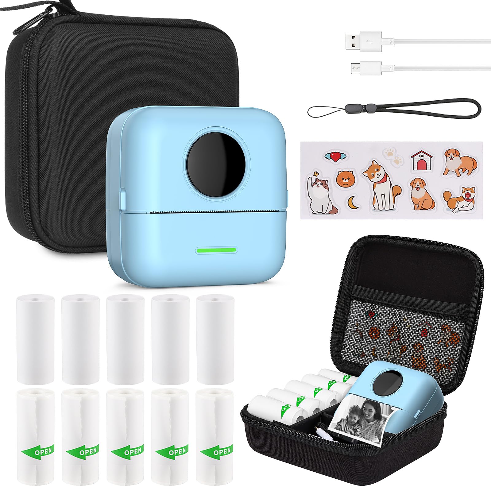 Print Pods Mini Sticker Printer - Wireless Thermal Inkless Label Maker for iOS & Android with 11 Rolls Thermal Paper, Hard Protective Case - Perfect for DIY Stickers, Photo Receipts, Home & Office Organization