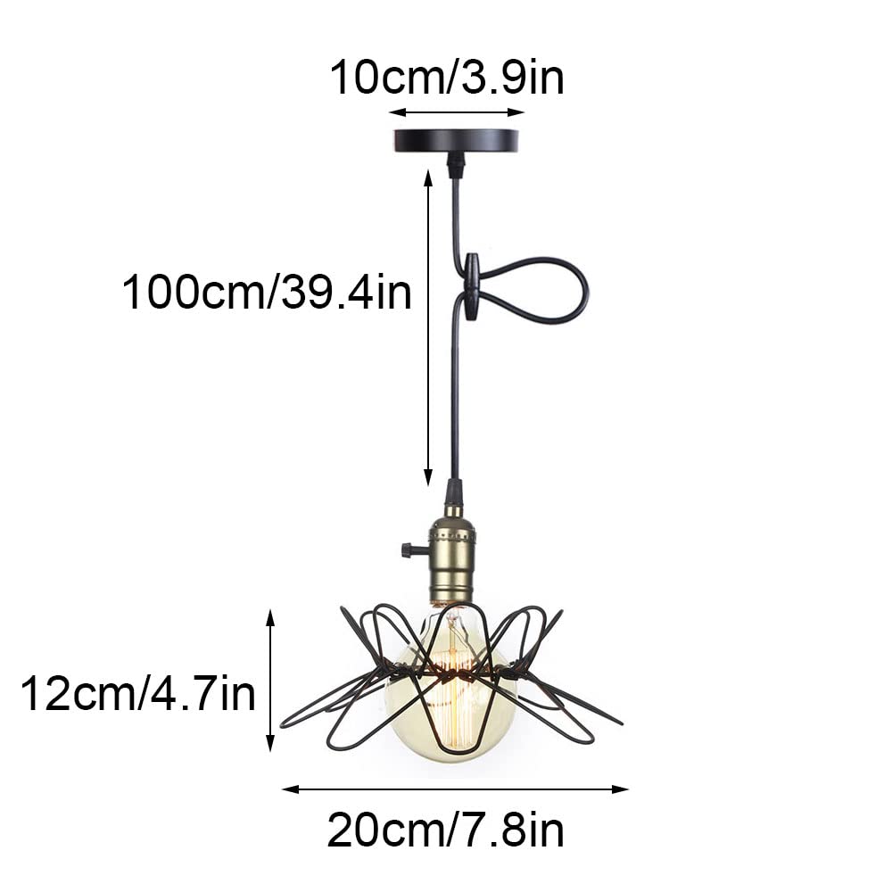 Industrial Pendant Lighting Fixture - Adjustable Cage Hanging Light with Geometric Metal Shade, Black Finish, E27 Base - Perfect for Kitchen Island, Living Room, Bar, Farmhouse & Hallway Lighting