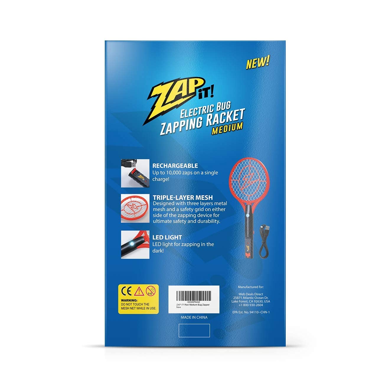 ZAP iT! 4000V Electric Fly Swatter & Mosquito Zapper - USB Rechargeable Bug Zapper Racket for Indoor/Outdoor Use - Safe & Powerful Insect Killer for Home, Camping, and Patio
