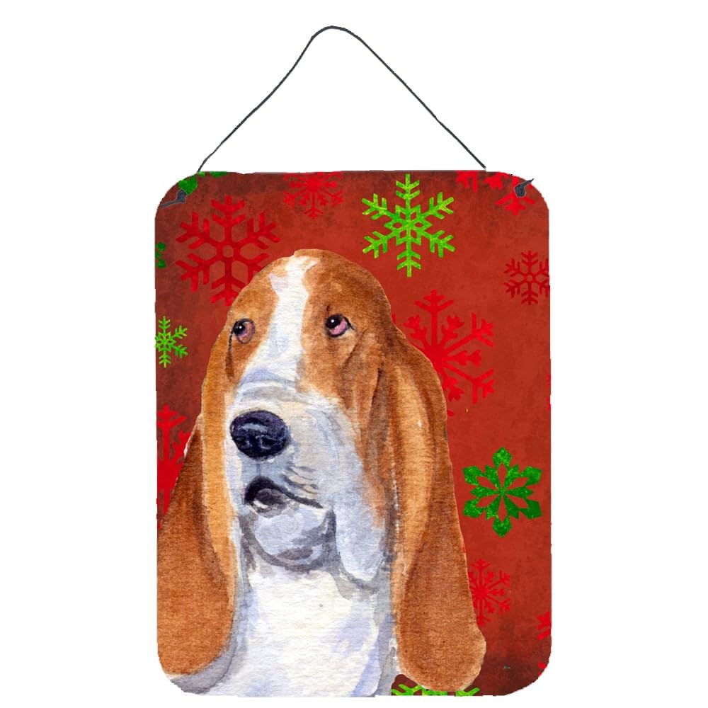 Basset Hound Red & Green Snowflakes Christmas Metal Wall Sign - Holiday Home Decor for Kitchen, Bathroom, Front Door - Perfect for Festive Indoor & Outdoor Decorations