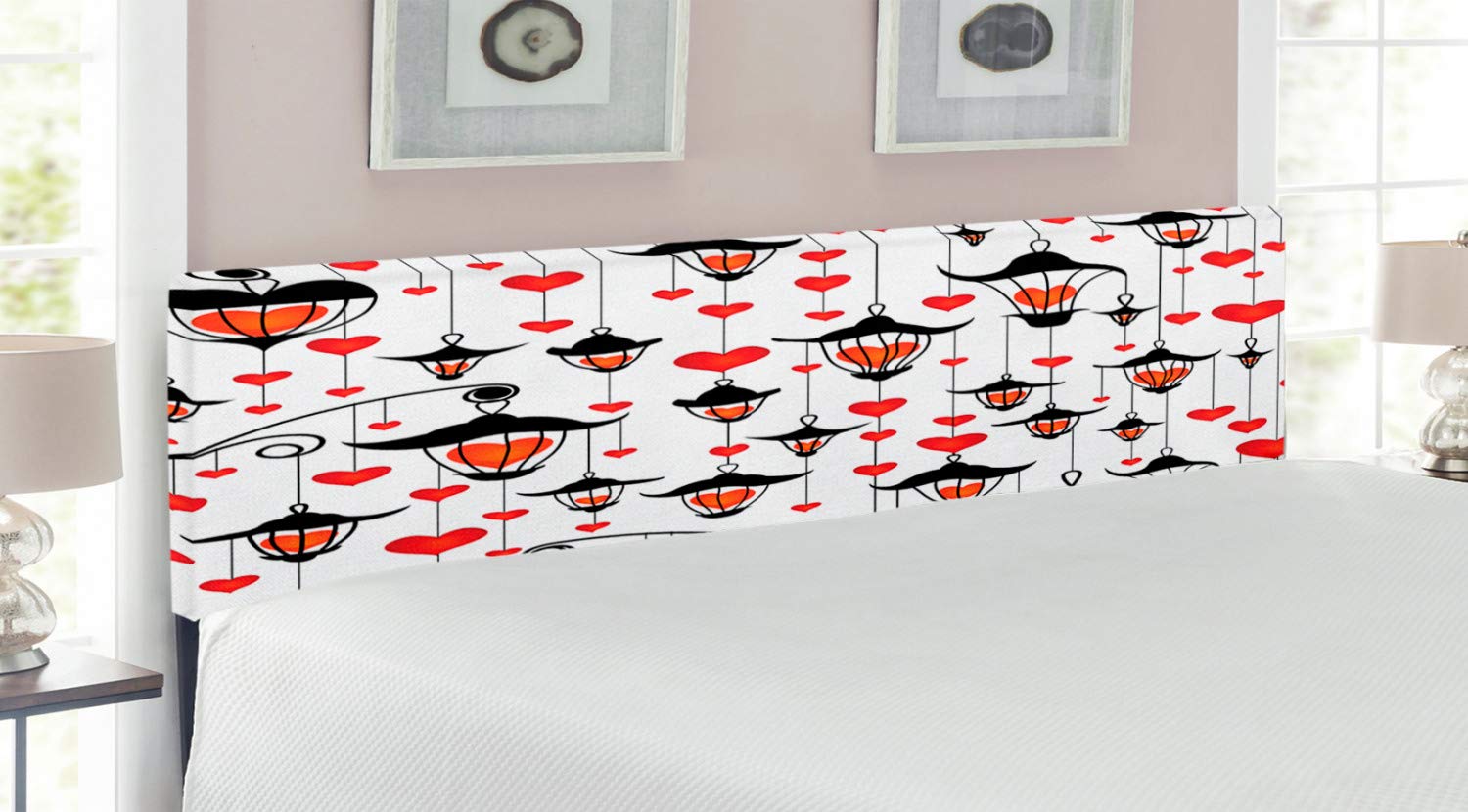 Ambesonne Romantic Love Headboard with Hearts & Lamp Antique Pattern - Upholstered Metal Bed Frame with Memory Foam (King Size, Vermilion/Scarlet) - Perfect for Valentine's Day Decor & Master Bedroom Makeover