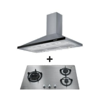 Ellane EH 6180 90cm Stainless Steel Kitchen Chimney Hood with Powerful Extraction + Ellane OS 812SV 86cm 3 Burner Stainless Steel Gas Hob for Modern Cooking - Perfect for Home Kitchens, Restaurants, and Open-Plan Living Spaces