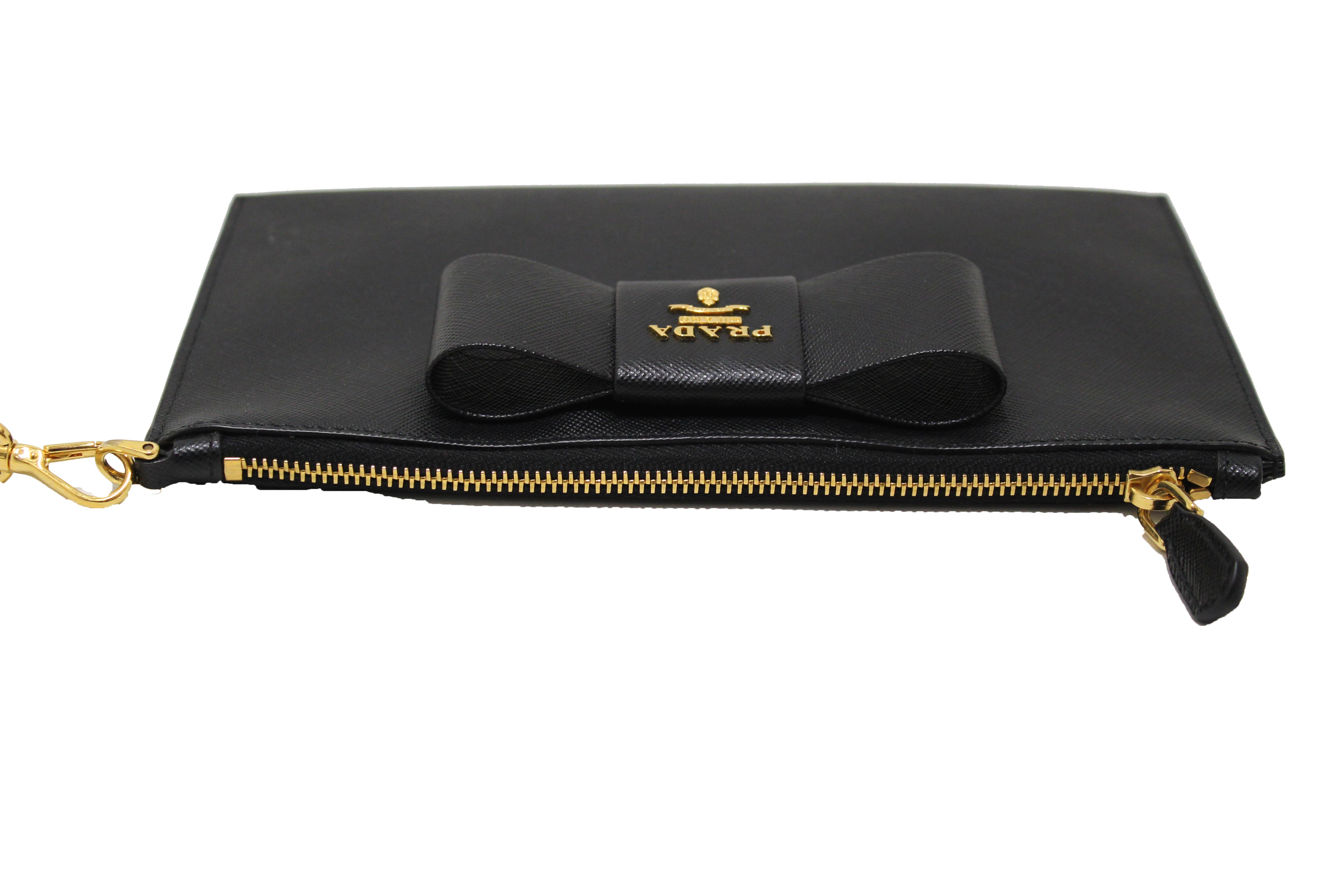 Authentic Prada Black Saffiano Leather Bow Wristlet Pouch - Luxury Small Handbag for Women, Perfect for Parties, Weddings & Evening Events