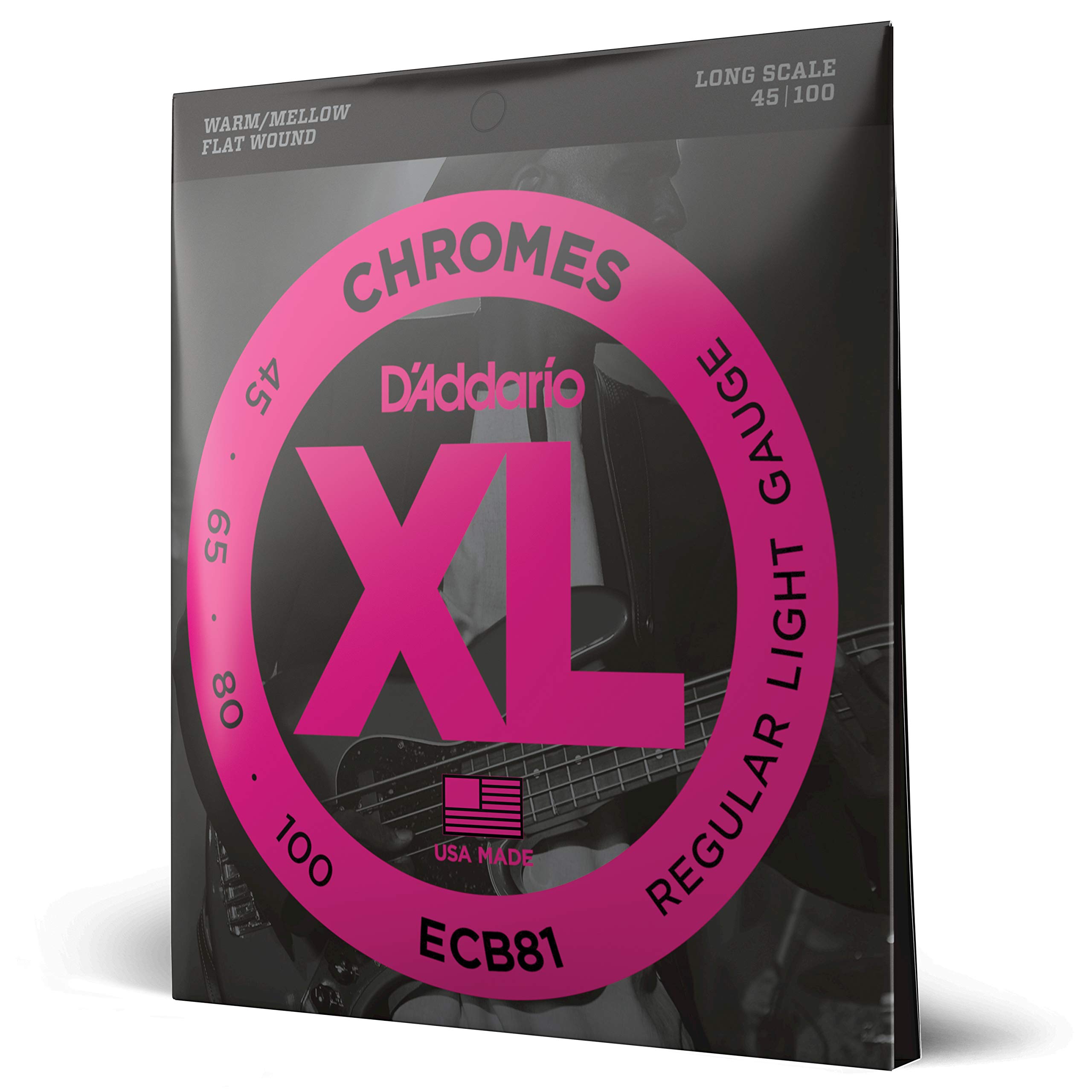 D'Addario XL Chromes Flat Wound Bass Guitar Strings - ECB81 - Long Scale - Regular Light (45-100 Gauge) | Smooth Jazz & Blues Tone | Perfect for Recording & Live Performances