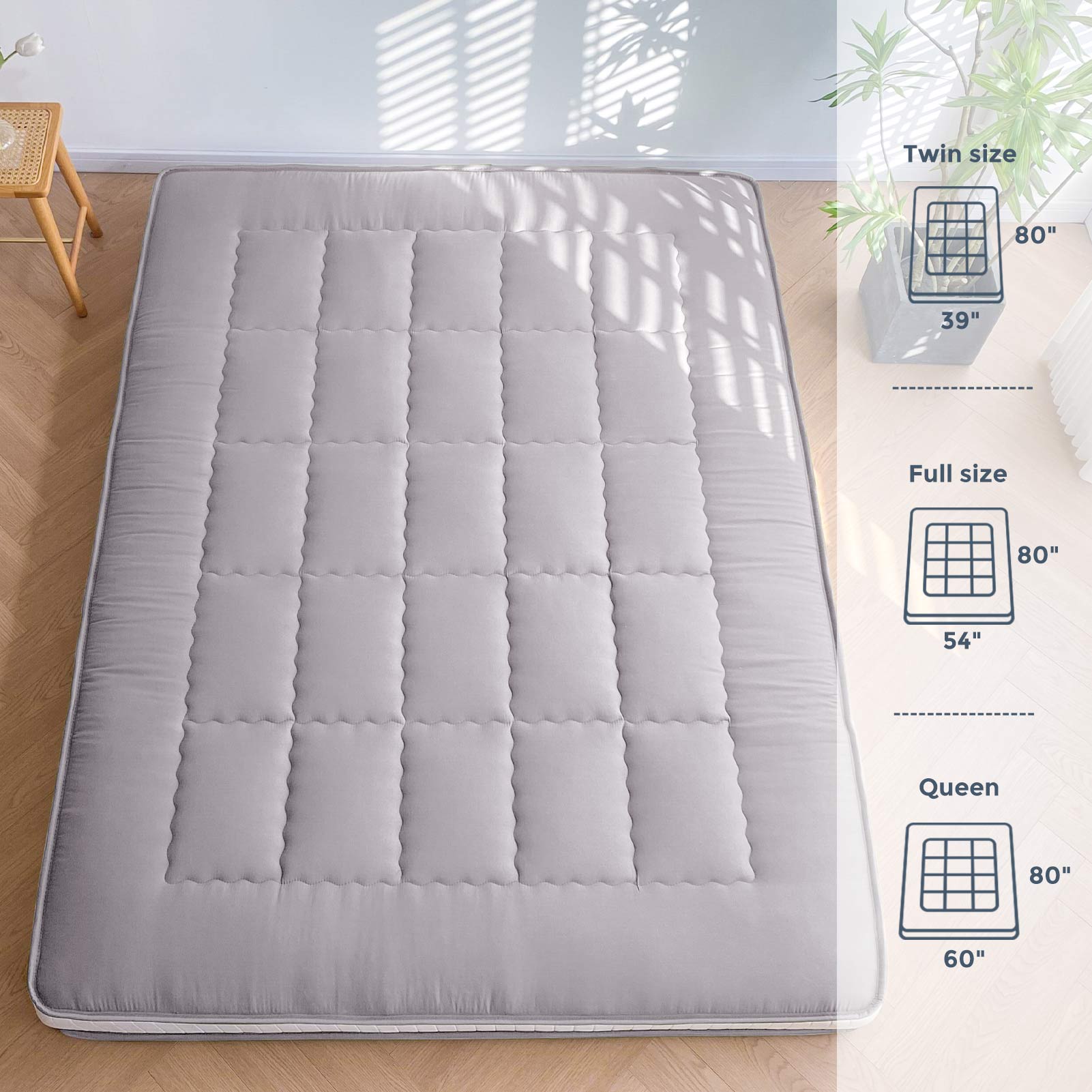 MAXYOYO 6-Inch Extra Thick Japanese Futon Mattress - Queen Size Floor Bed with Rectangle Quilted Design, Comfortable & Stylish for Home, Guest Room or Small Space - Grey