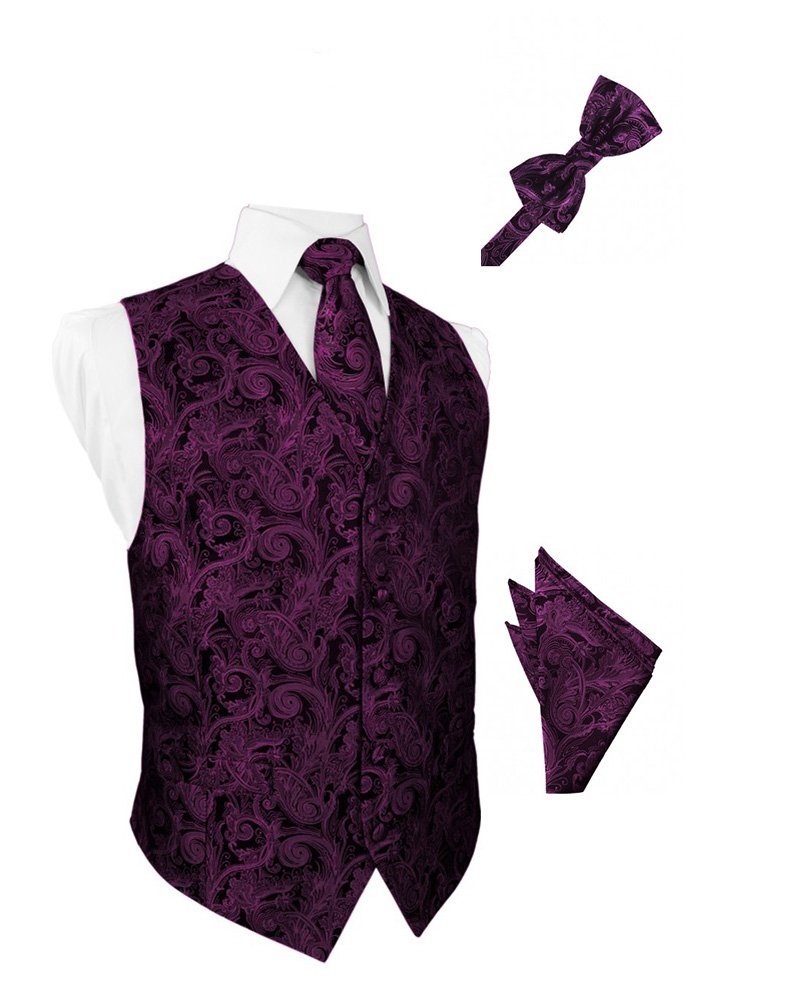 Elegant Sangria Paisley Satin Tuxedo Vest with Bowtie & Pocket Square Set for Men - Perfect for Weddings, Prom & Formal Events