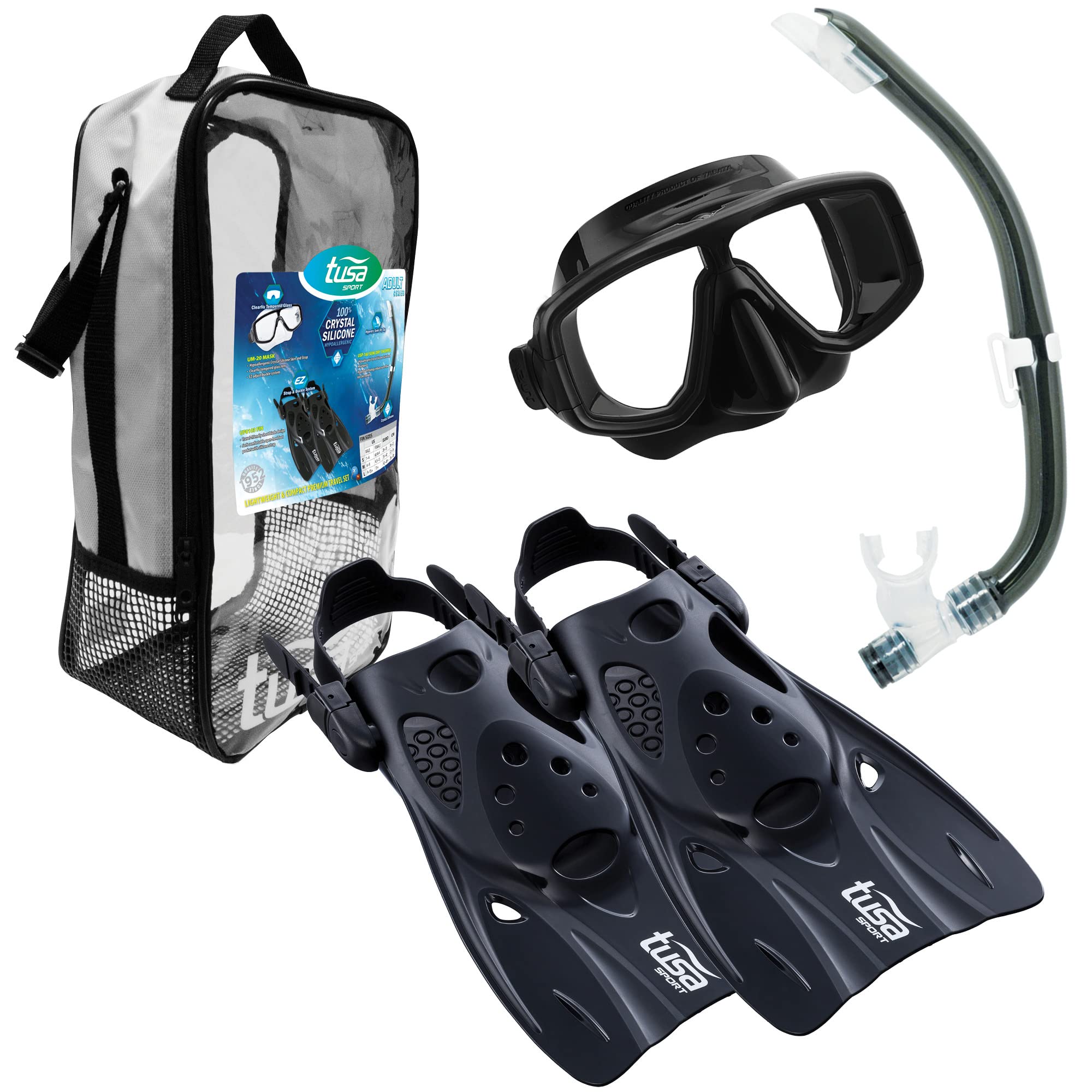 TUSA Sport Adult Platina Hyperdry Snorkeling Set - Mask, Snorkel & Fins for Travel & Scuba Diving | Comfortable & Durable Gear for Ocean Adventures, Beach Vacations & Water Sports