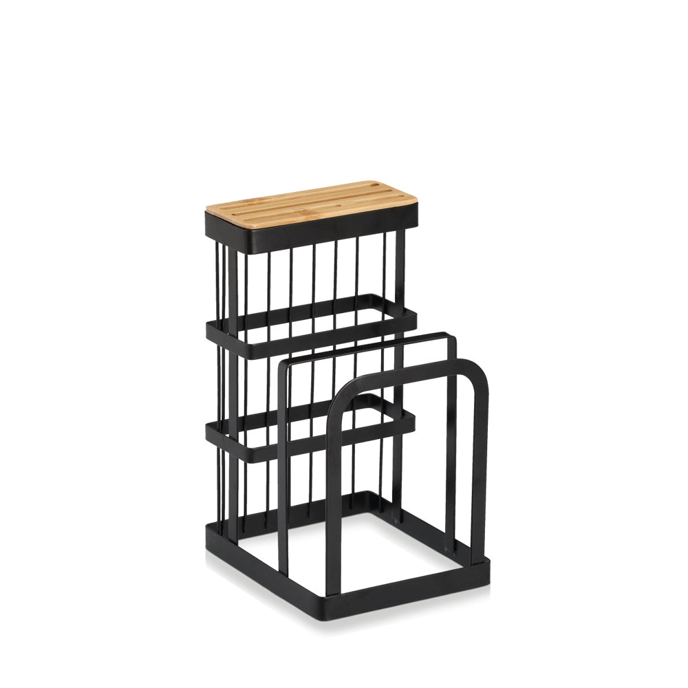 Premium Knife Block and Cutting Board Stand Set - Durable Metal & Bamboo Construction in Sleek Black | Perfect for Kitchen Organization & Safe Knife Storage