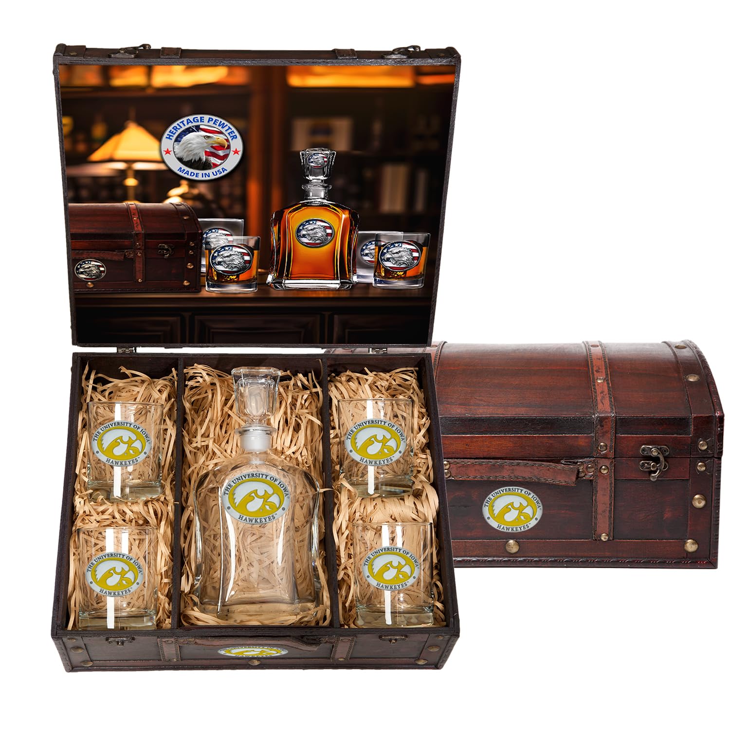 Premium Capitol Decanter Chest Set - 24 oz Whiskey Decanter with 4 Double Old-Fashioned Glasses | Handcrafted Pewter Barware for Bourbon, Scotch & Cocktails | Elegant Home Bar Accessories for Entertaining & Gifts