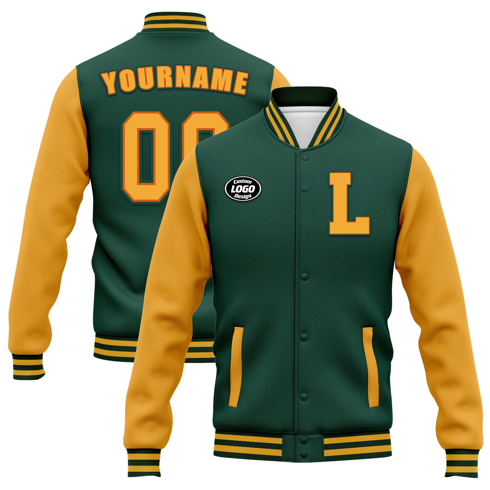 Custom Green & Yellow Waterproof Bomber Jacket - Full Snap Varsity Letterman Style - Personalized Name/Number (FZ007CD D020316) - Perfect for Sports Teams, School Events & Outdoor Activities