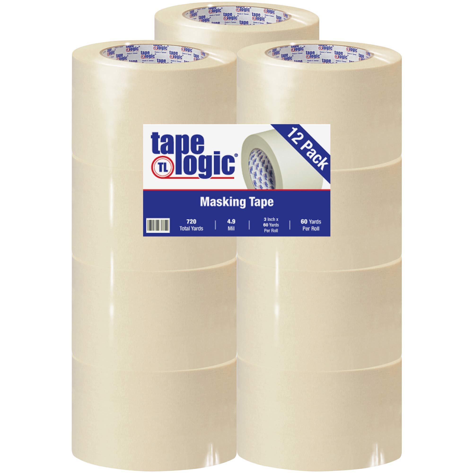 Tape Logic 2200 General Purpose Masking Tape - 3 Inch x 60 Yards, Bulk Pack of 12, Natural Color - Removable & Easy Tear for Home, Office, Labeling, Arts & Crafts - Perfect for Painting Projects, DIY Decorations & Temporary Hold Applications