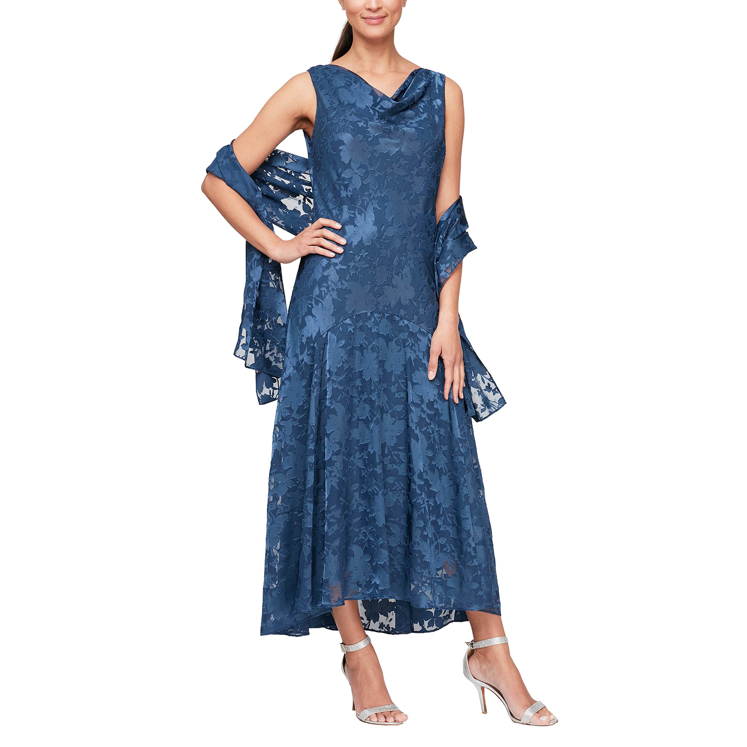 Alex Evenings Women's Formal Sleeveless Cowl Neck Floral Print Gown with Shawl - Wedding Guest Dress, Mother of The Bride Outfit, Evening Gown for Special Occasions & Black Tie Events