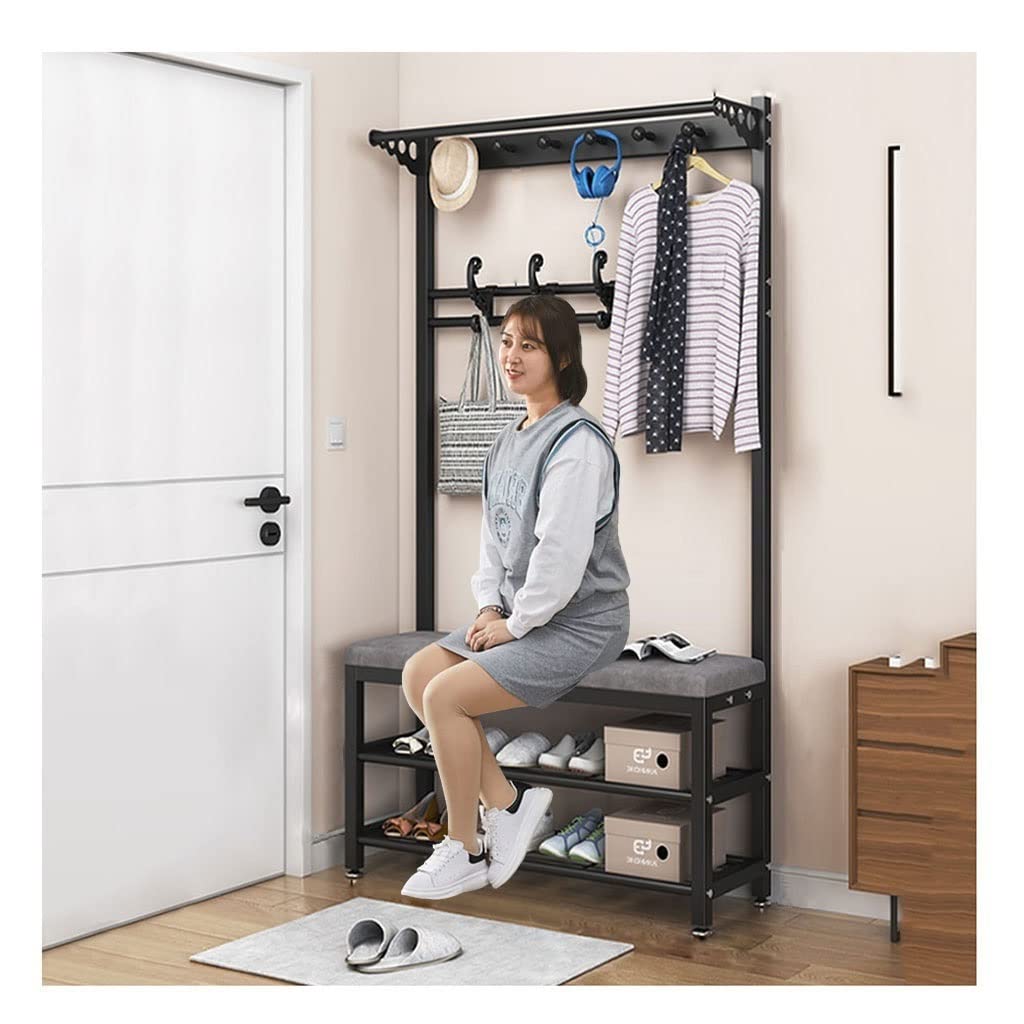 Fangsky 10-Hook Coat Rack with Shoe Bench - 3-Tier Shoe Storage Shelf & Hall Tree Entryway Organizer - Sturdy Metal Frame for Hallway, Bedroom, Living Room (Black, 80x33x170cm) - Perfect for Small Spaces & Apartment Entry Organization