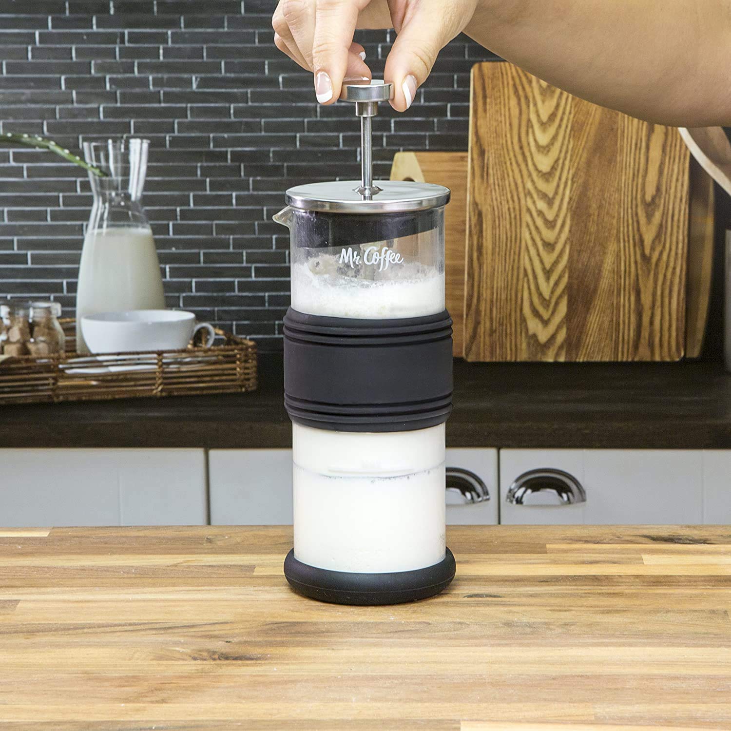 Mr. Coffee Manual Milk Frother with Glass Jar - Handheld Milk Frother for Lattes, Cappuccinos & Hot Chocolate - Perfect for Home, Office & Coffee Shops
