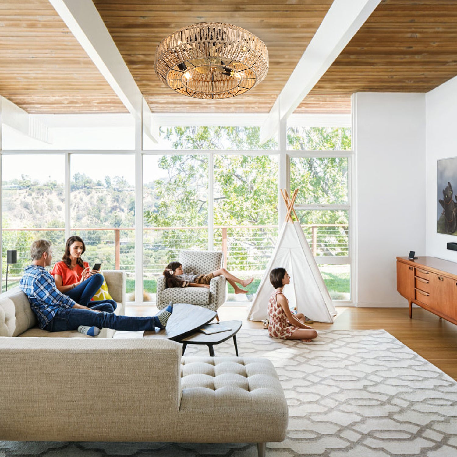 22 Inch Modern Boho Style Caged Ceiling Fan with Enclosed Rattan Blades - 6 Speed Remote Control, Reversible DC Motor - Perfect for Living Room, Bedroom & Patio Cooling