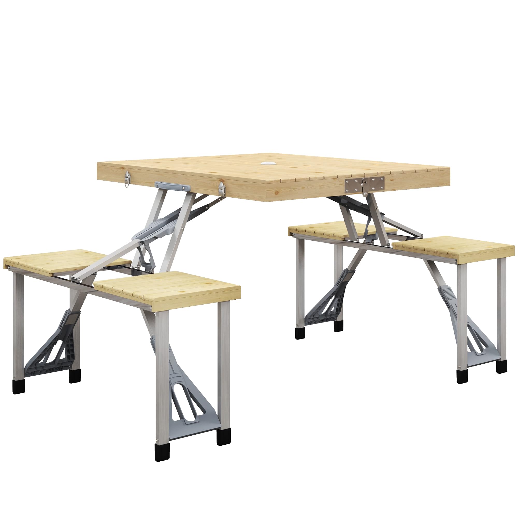 Outsunny 4-Person Folding Picnic Table Set with Chairs - Portable Aluminum Camping Table with Umbrella Hole & Natural Wood Finish - Perfect for Outdoor Dining, Backyard BBQs, Beach Trips and Camping Adventures