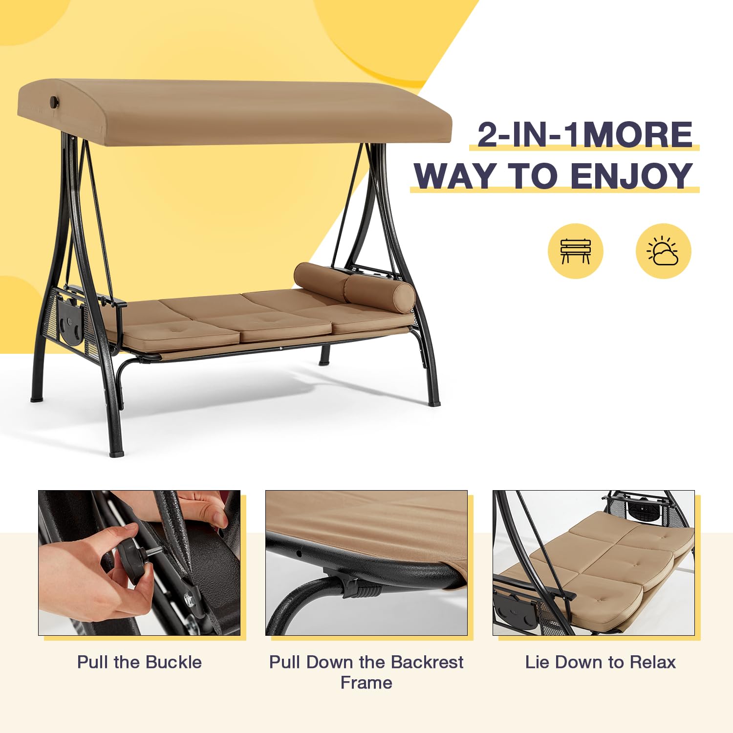 HOMREST 3-Person Outdoor Porch Swing with 1.5