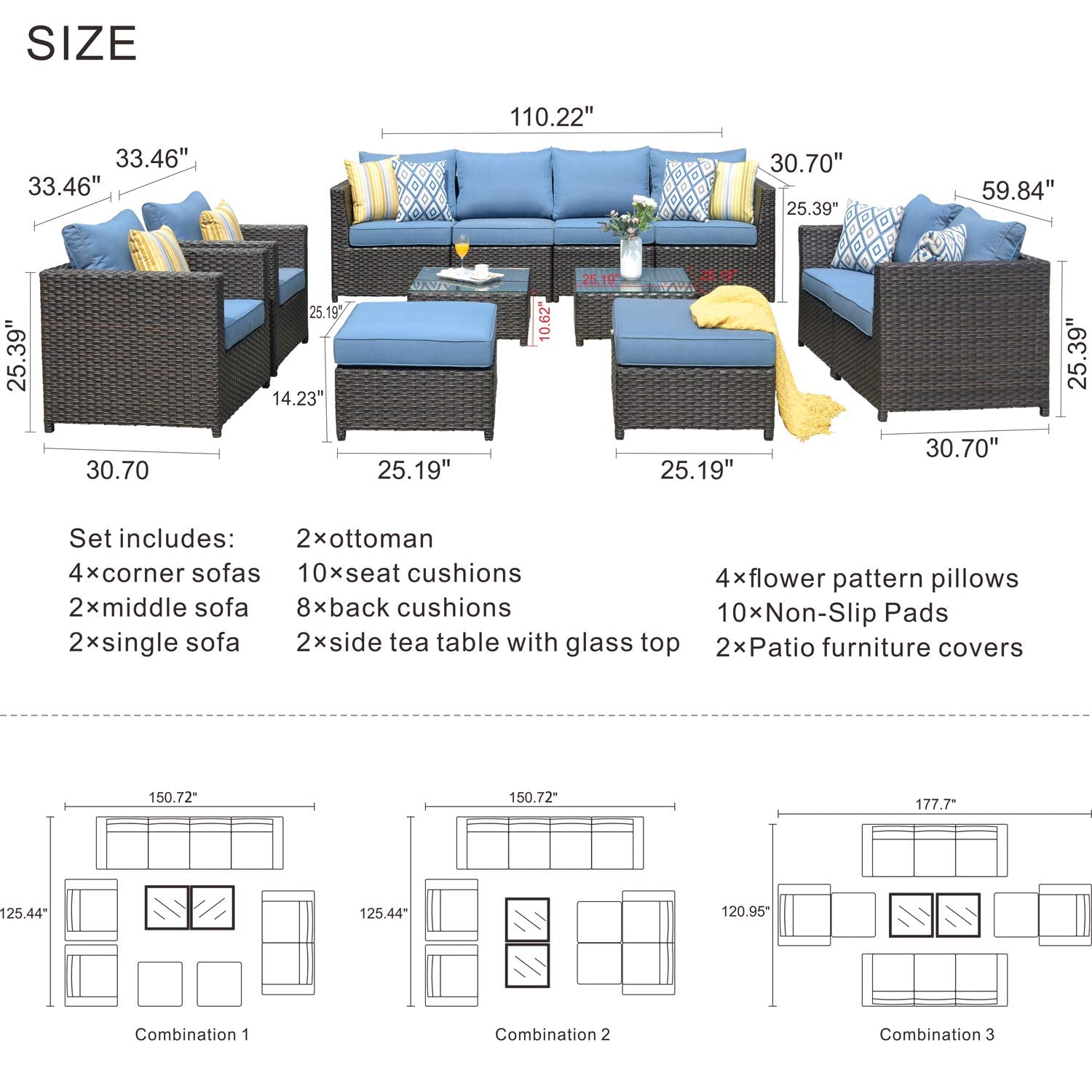 Ovios 12-Piece Patio Furniture Set - Outdoor Wicker Rattan Sofa Set with Blue Cushions, Fully Assembled Brown Rattan Furniture for Garden, Poolside & Backyard Relaxation