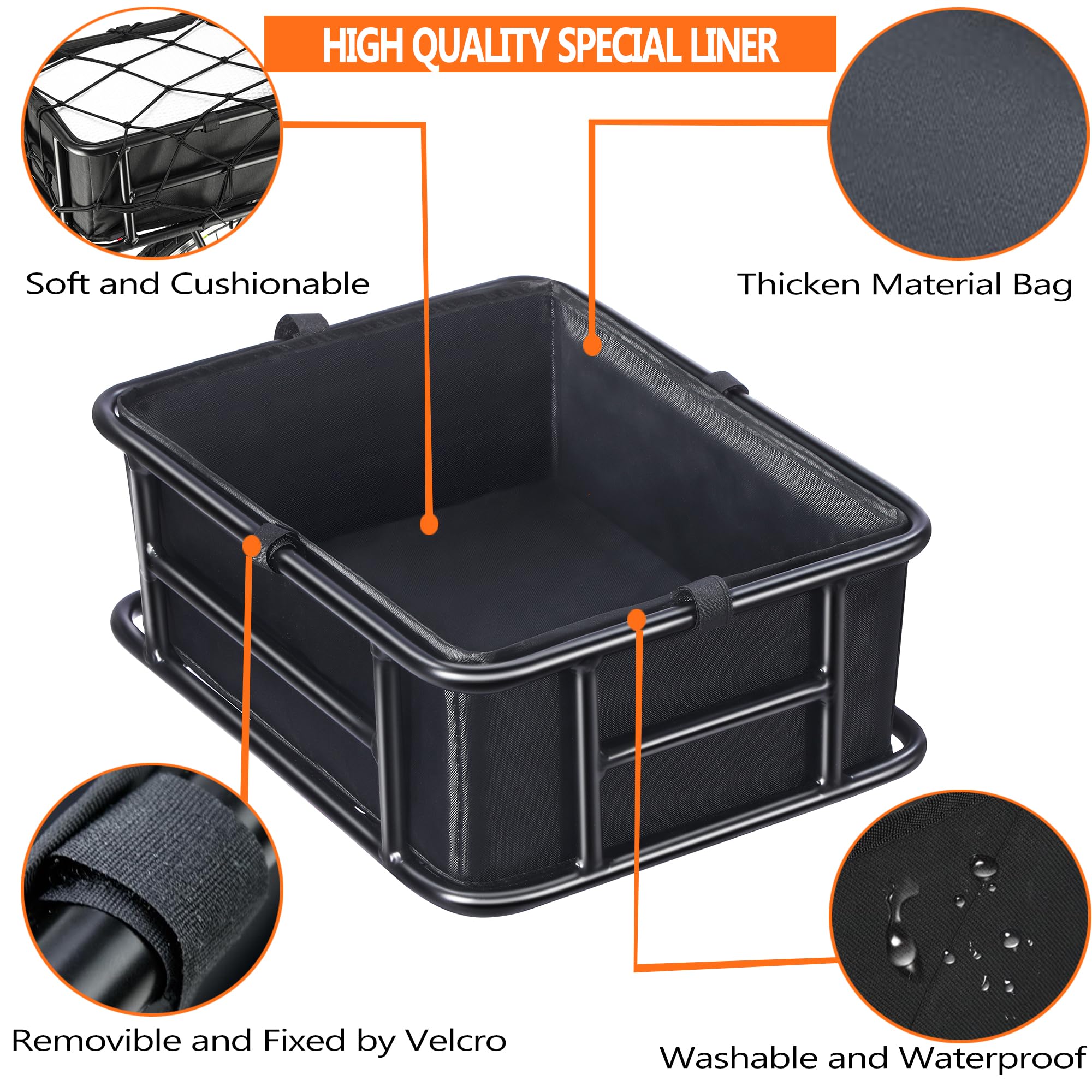 Large Waterproof Rear Bike Basket with Liner, Cargo Net & Bungee Cord - Perfect for Electric Bicycles, Commuting, Grocery Shopping & Outdoor Adventures