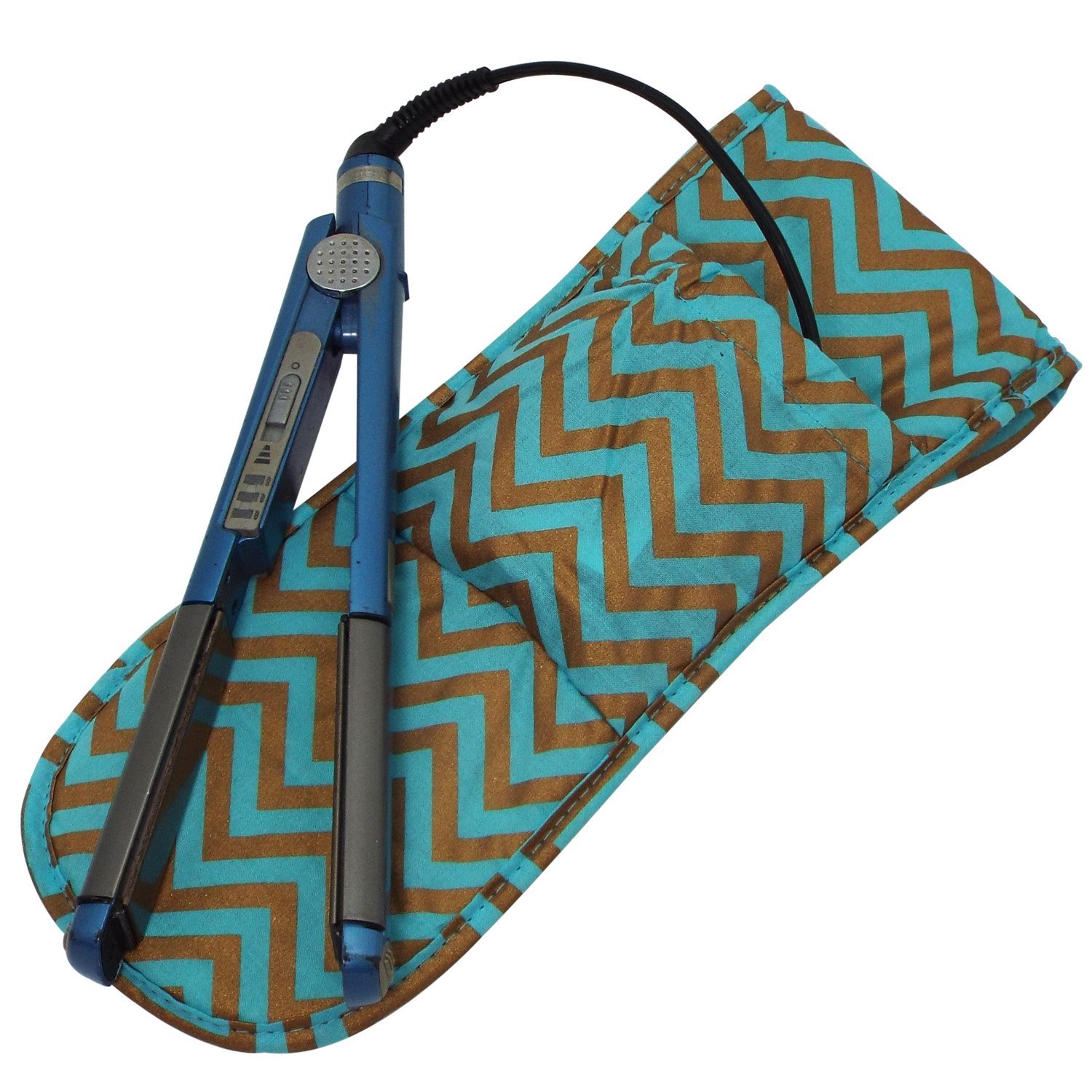 Heat-Resistant Flat Iron Cover - Teal and Bronze Chevron Design | Protective Case for Hair Straighteners | Travel & Home Use