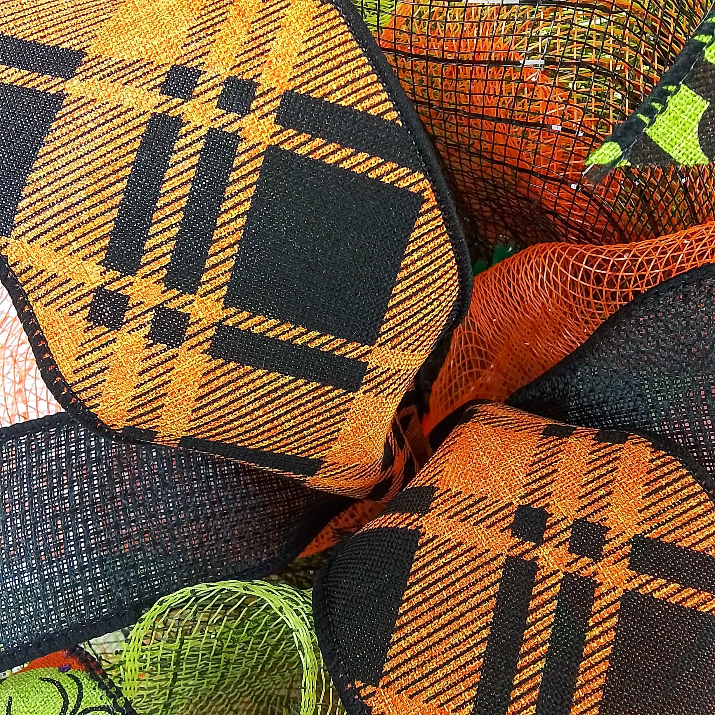 Happy Halloween Wreaths - Mesh Outdoor Front Door Decor in Black, Orange, Purple & Lime Green | Spooky Fall Porch Decoration for Home & Party