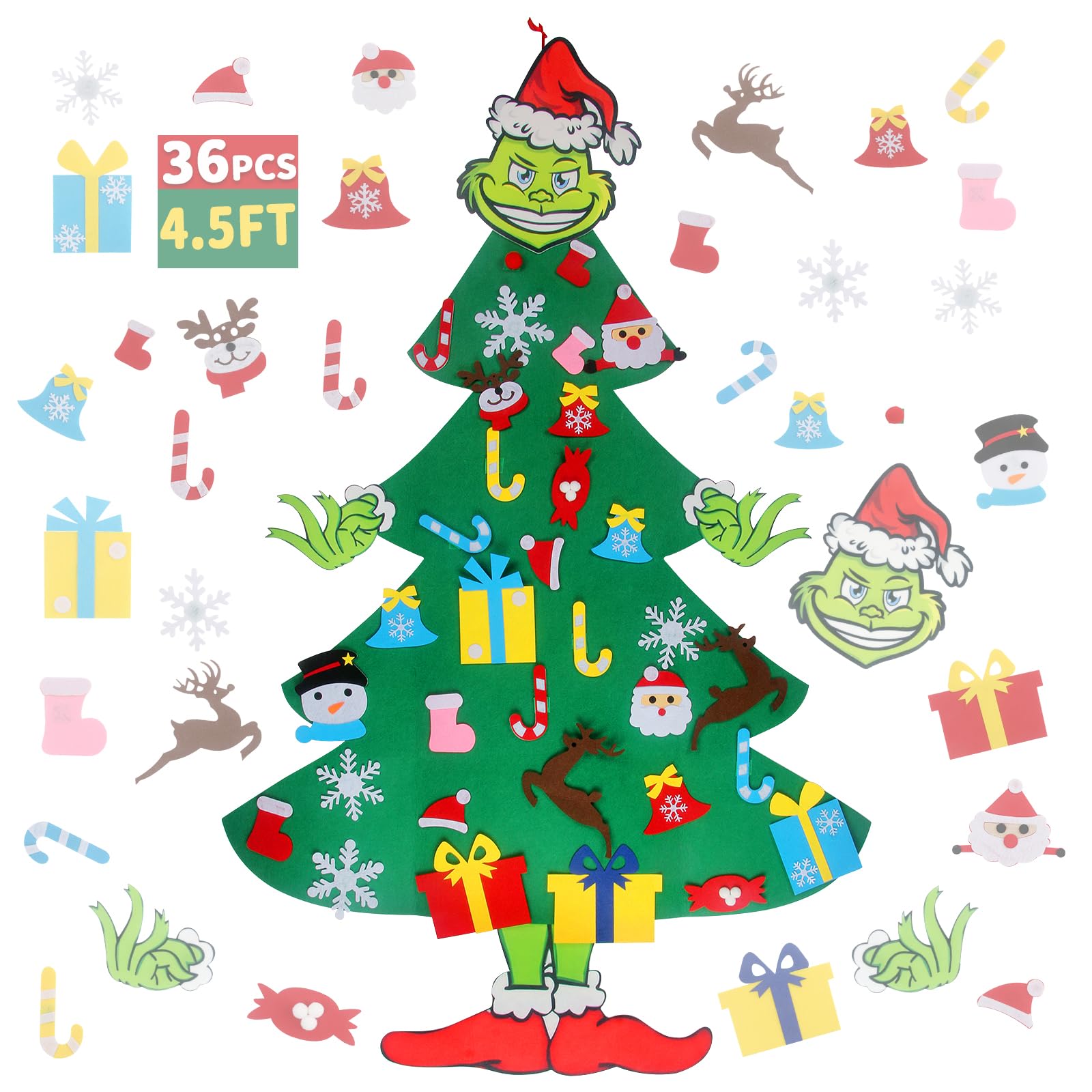 GameXcel 4.5ft Felt Christmas Tree for Toddlers with 37pcs Ornaments | Montessori Velcro DIY Xmas Decor | Holiday Kids Activity & Home Decoration | Perfect for Preschool Learning & Family Christmas Fun
