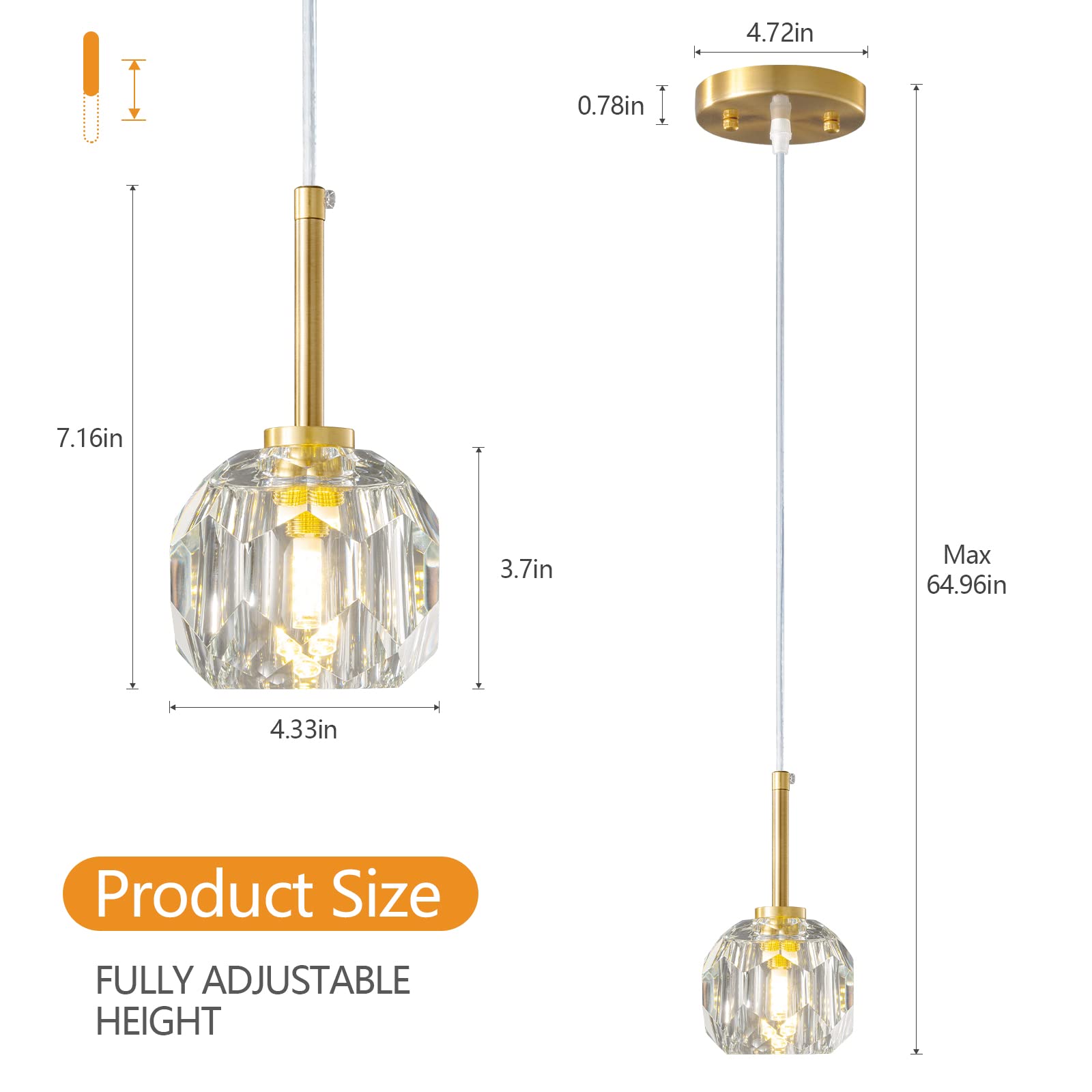LMQNINE Mini Crystal Gold Pendant Lights - 3 Pack Adjustable Modern Chandelier Lighting Fixtures for Kitchen Island, Dining Room, Bedroom & Living Room - Perfect for Home Decor, Restaurant, Cafe and Office Lighting