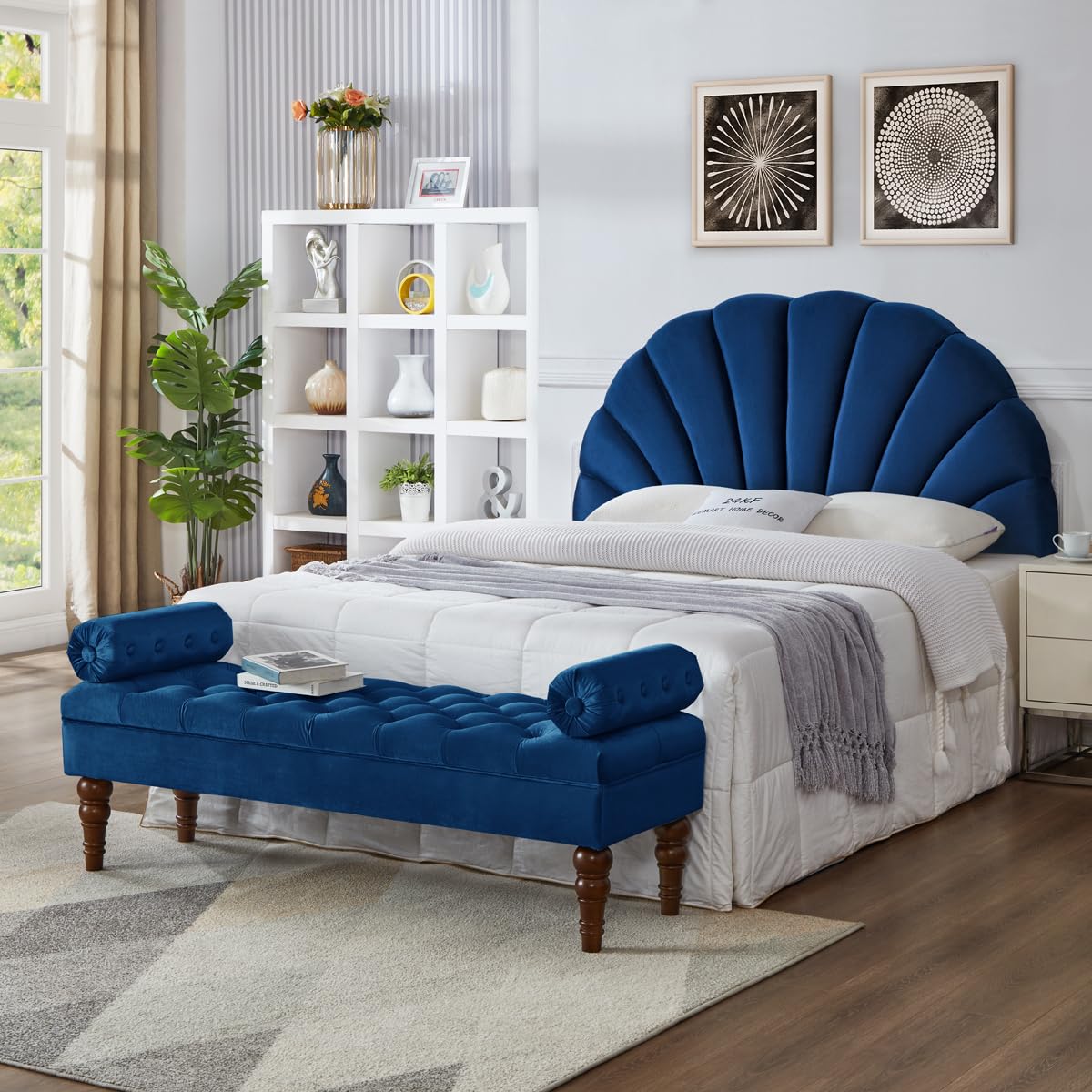 24K Gold Stunning Crown Design Queen Headboard - Upholstered Soft Velvet Petal Pattern Headboard for Queen/Full Size Bed in Navy Blue | Perfect for Master Bedroom Decor & Luxury Bedroom Makeover