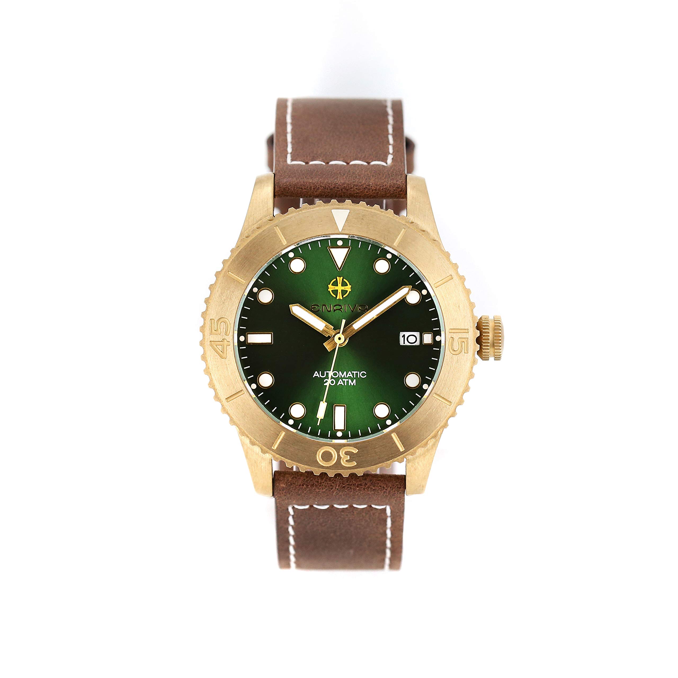 ENRIVA Men's 200m Water Resistant Bronze Automatic Military Dive Watch with Japanese NH35 Movement, Super Luminous, Leather Strap - Perfect for Scuba Diving, Outdoor Adventures & Everyday Wear