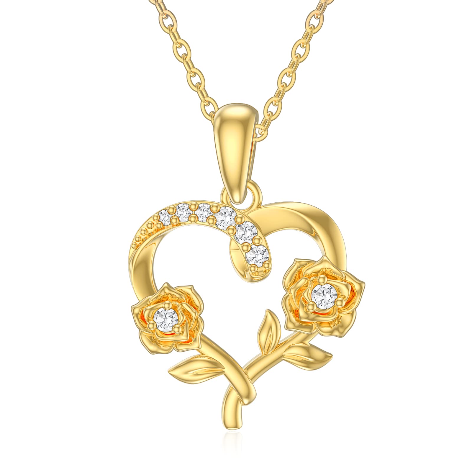 YDD 9ct Gold Heart Necklace for Women - Rose Flower Pendant Necklace in Real Gold | Perfect Christmas, Mother's Day & Valentine's Day Gift for Her | 16+1+1 Inch Chain | Elegant Jewelry for Date Nights, Anniversaries & Special Occasions