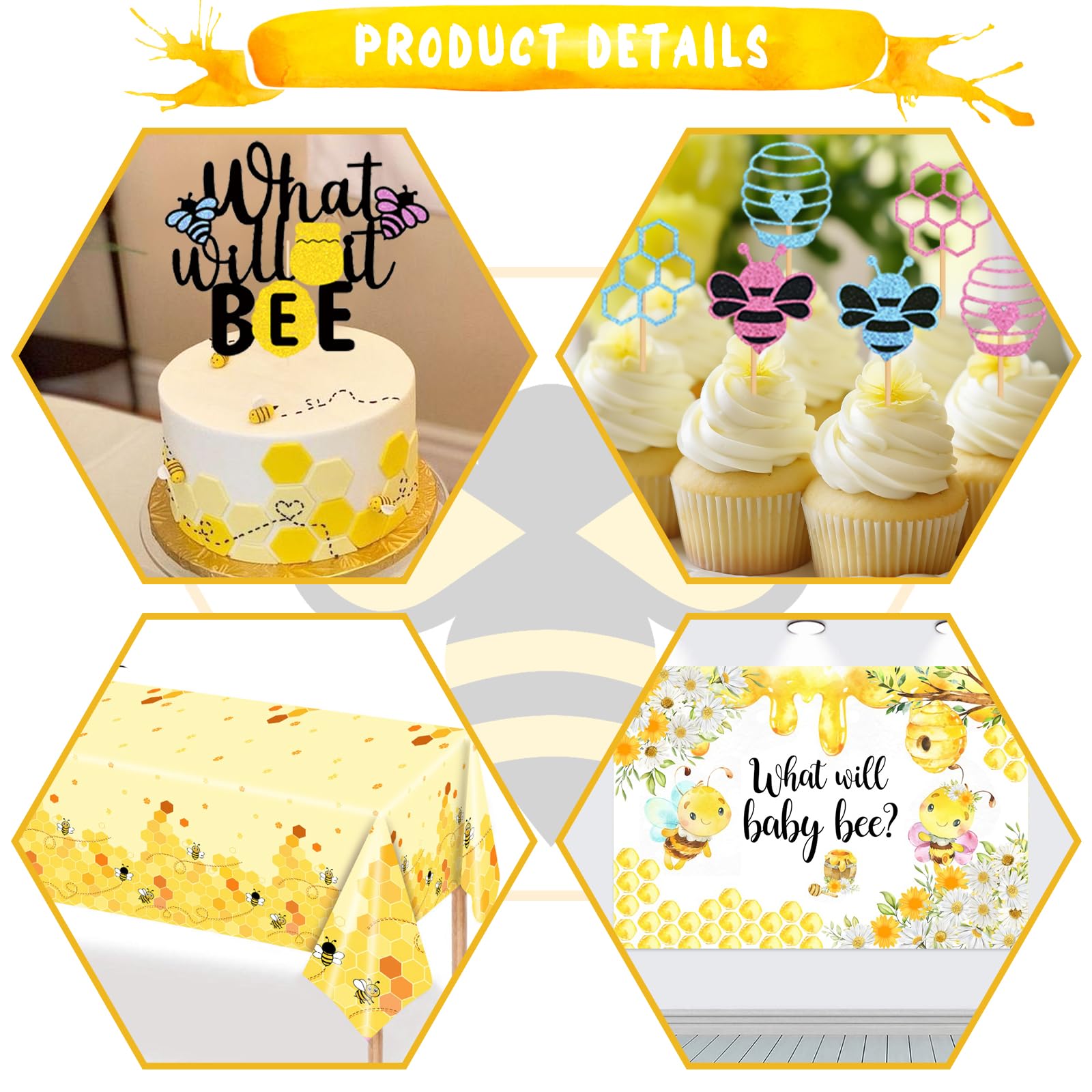 Bee Gender Reveal Party Decorations Set - Bumble Bee Baby Shower Backdrop, Balloons, Banner, Tablecloth & Cake Toppers for 'What Will It Bee' Theme Celebrations