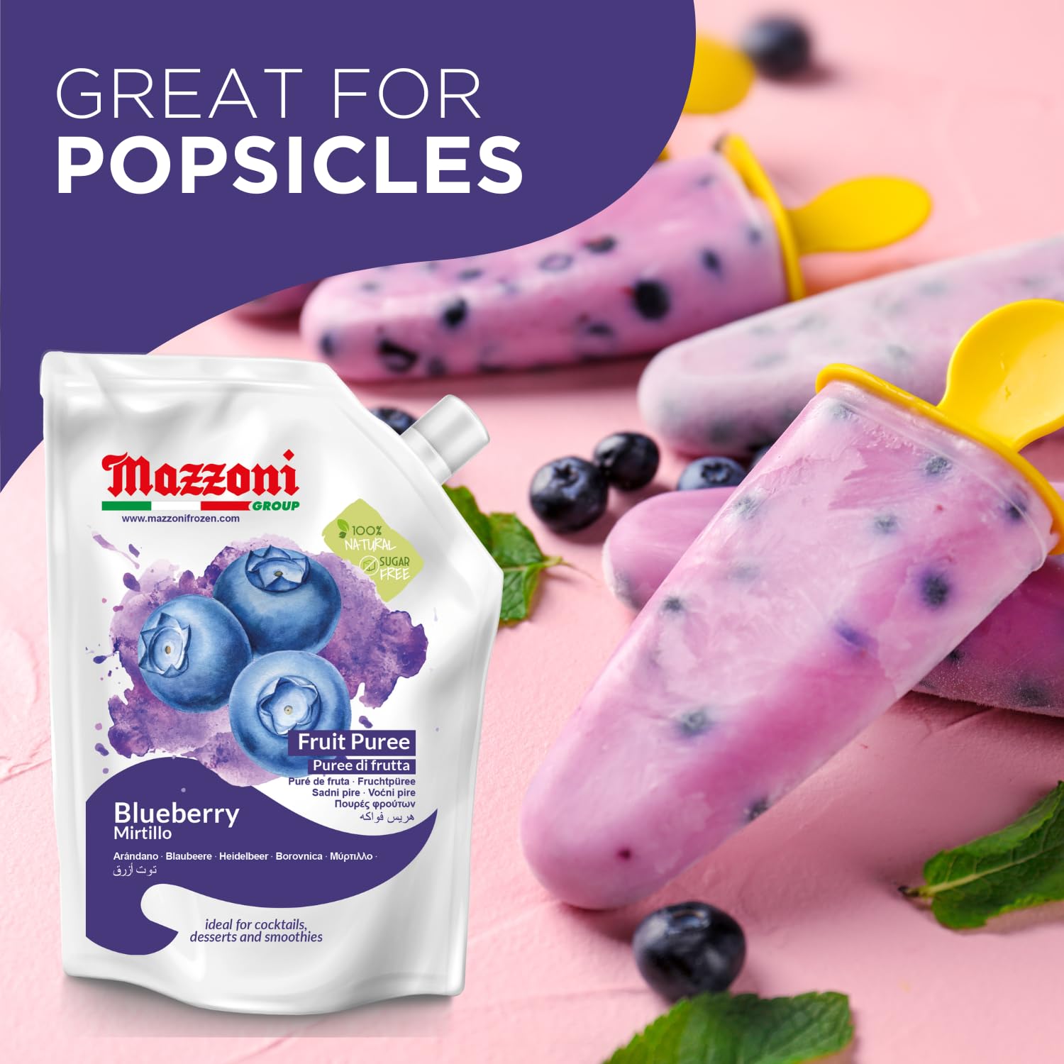 Mazzoni 100% Pure Blueberry Puree - No Sugar Added, 2.2 lbs (35.2 oz) - All Natural Fruit for Smoothies, Juices, Cocktails & Baking - Italian-Made Convenient Pouch - Perfect for Healthy Drinks, Desserts & Baby Food