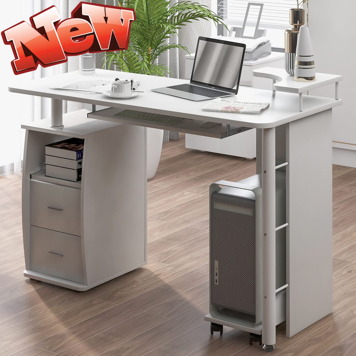 ZMIHANNA Sturdy Computer Desk - Home Office Desk with Sliding Keyboard Tray, Elevated Shelf, 2 Drawers & CPU Stand - Ergonomic Writing Study Desk for Laptop & PC Workstation (White) - Perfect for Small Spaces, Home Office & Gaming Setup