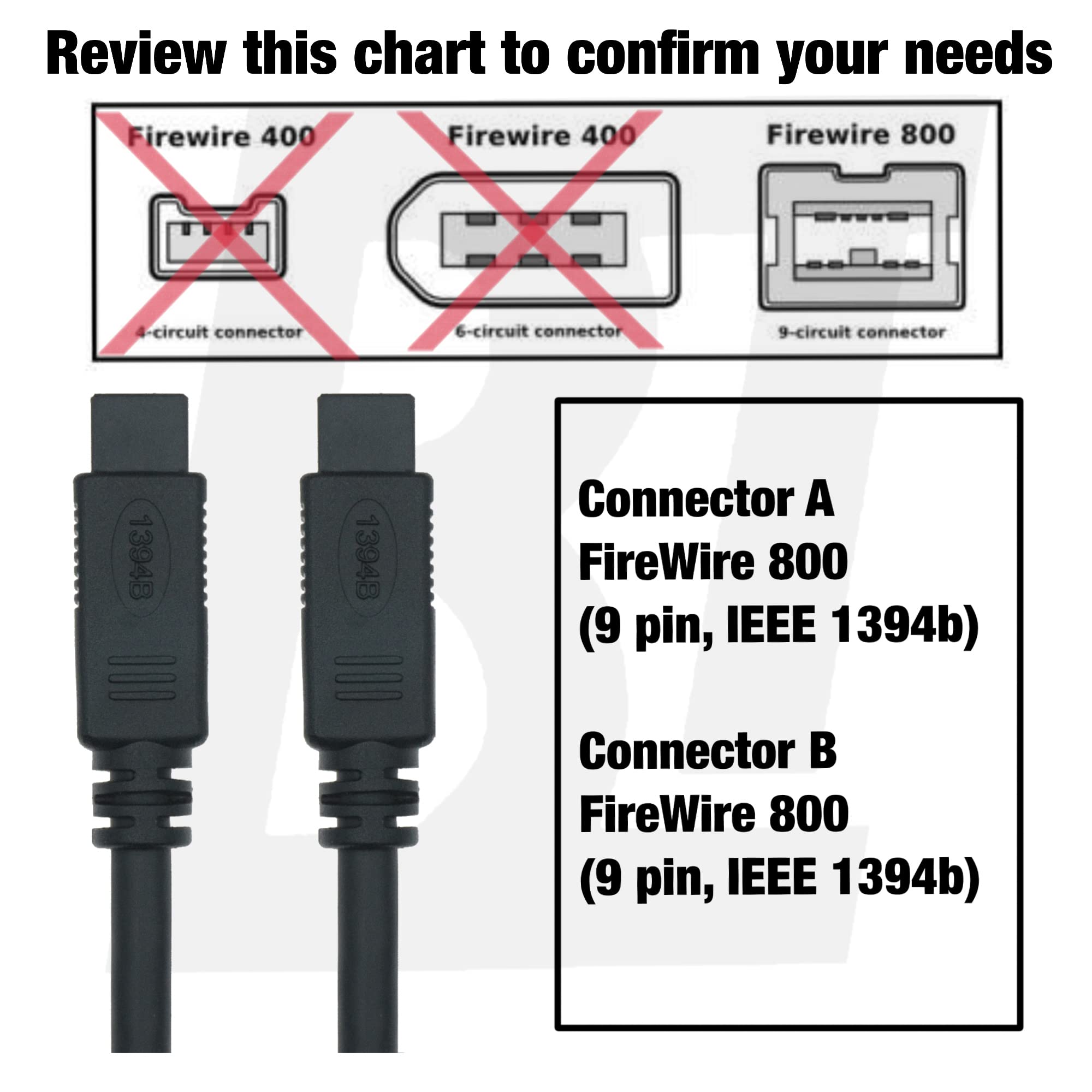 Firewire 800 Cable IEEE 1394 9Pin to 9Pin Male to Male 6ft for DV Camera, Digital Camcorder, Printer, Scanner & External Hard Drive | High-Speed Data Transfer for Professional Video Editing & Media Storage